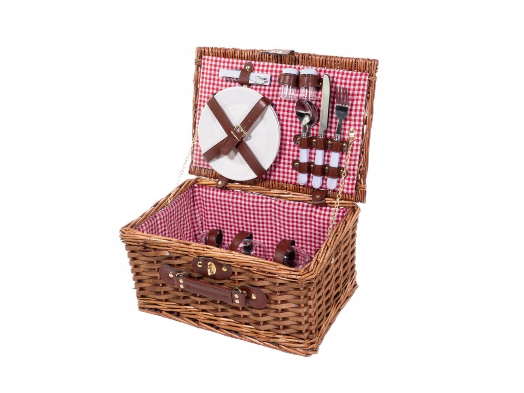 Piknikový proutěný košík Darcel, talíře, sklenice, příbory, růžový