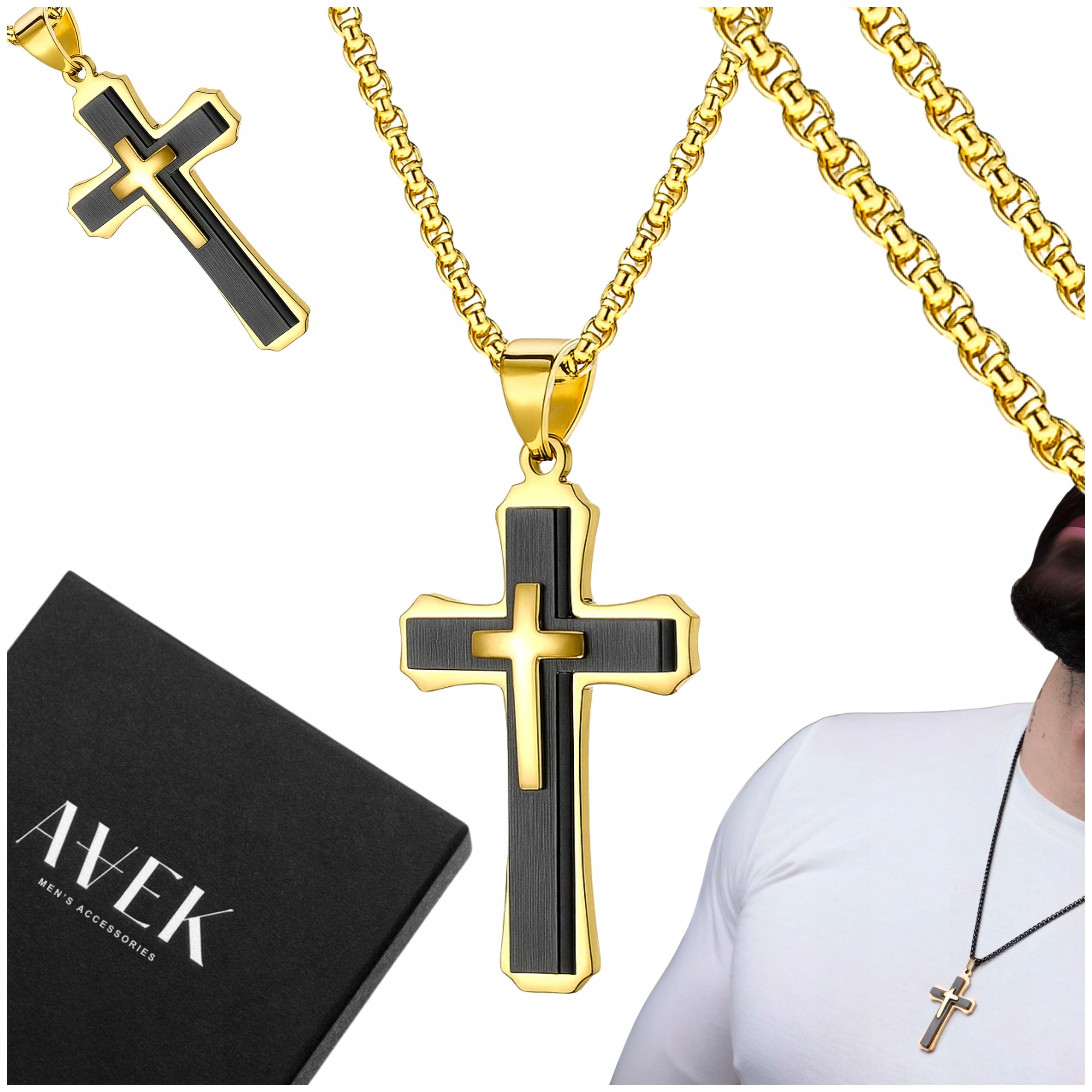Pánský Náhrdelník Ocelový Černý Zlatý S Křížem, Přívěsek Na Dárek, 60 CM