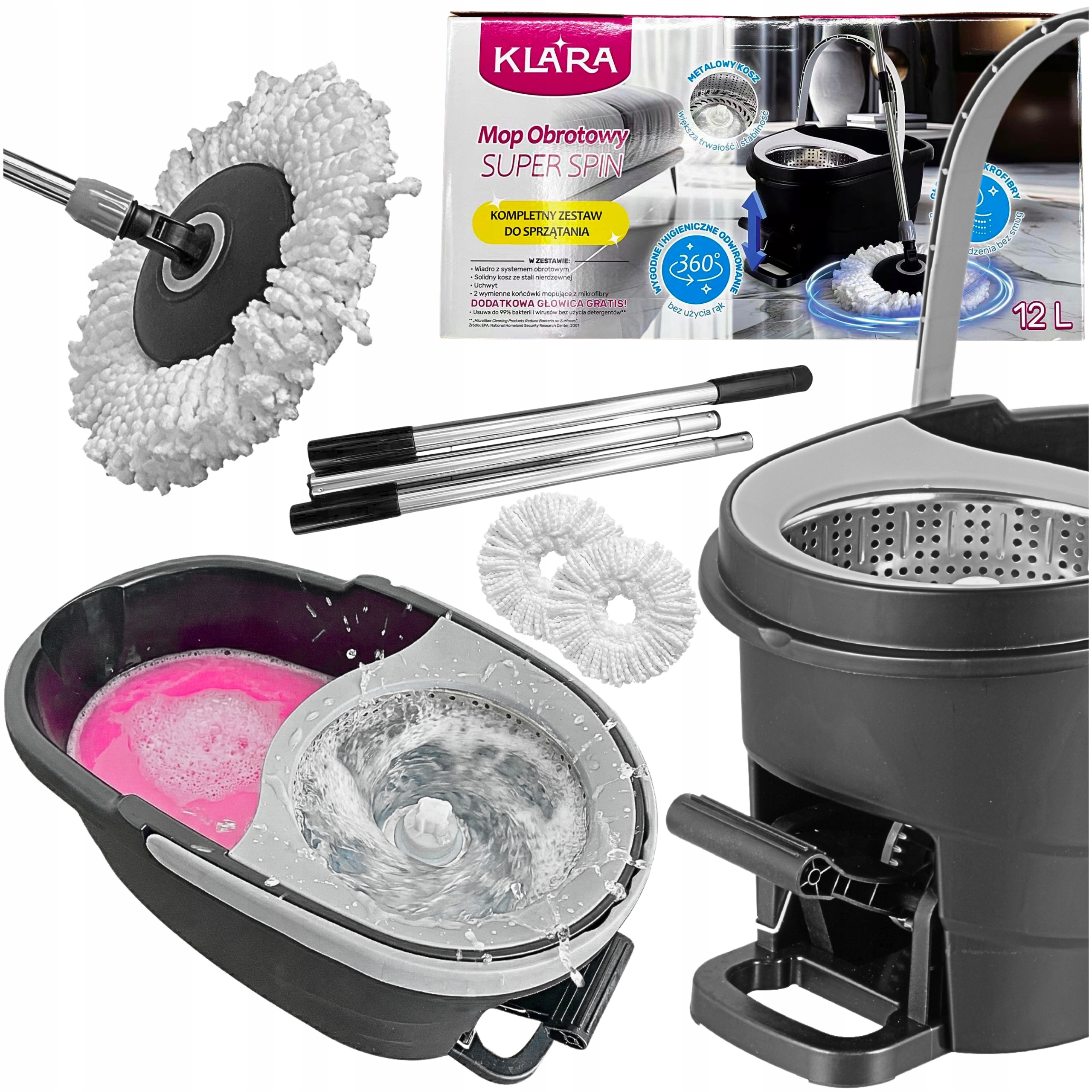 Rotační Podlahový Rotační Mop 360 Turbo 2 Nástavce Mikrovlákno Kbelík