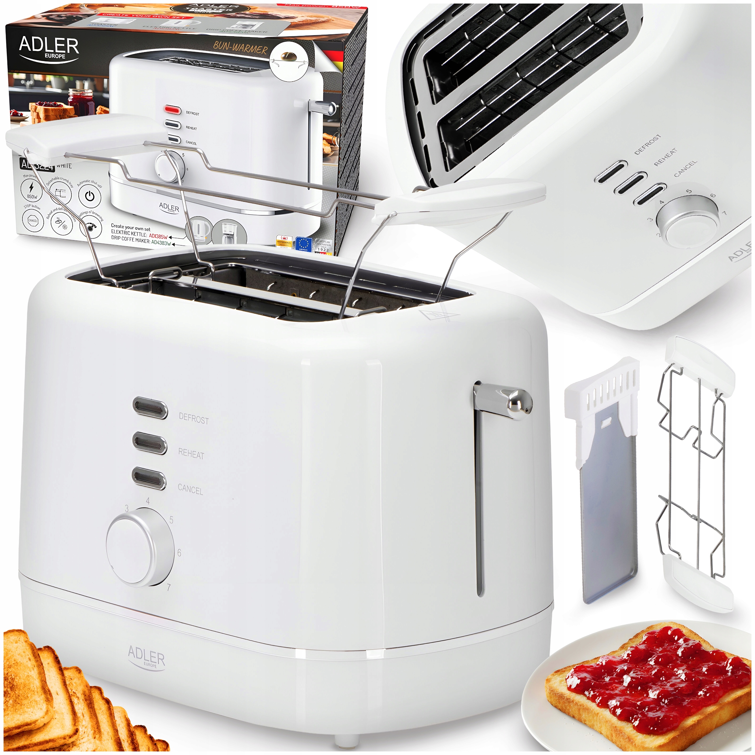 Toster Opiekacz Na 2 Kromki Do Tostów Elektryczny Biały 950W Ruszt Do Bułek