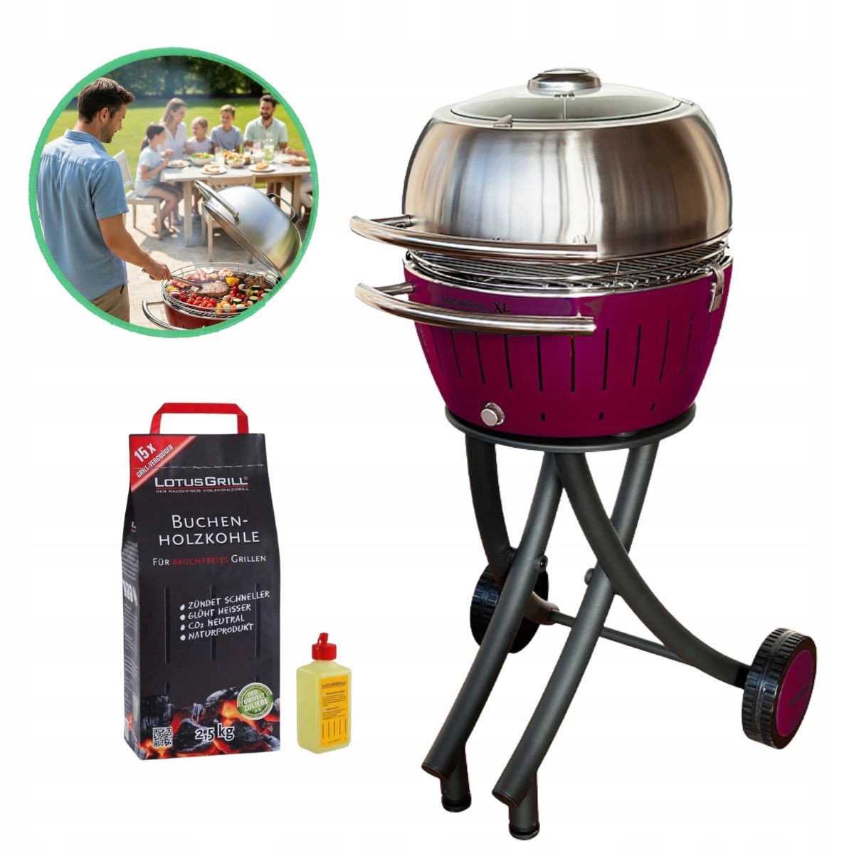 Grill Ogrodowy Węglowy Bezdymny Z Wózkiem Pokrywą Lotusgrill XL fioletowy