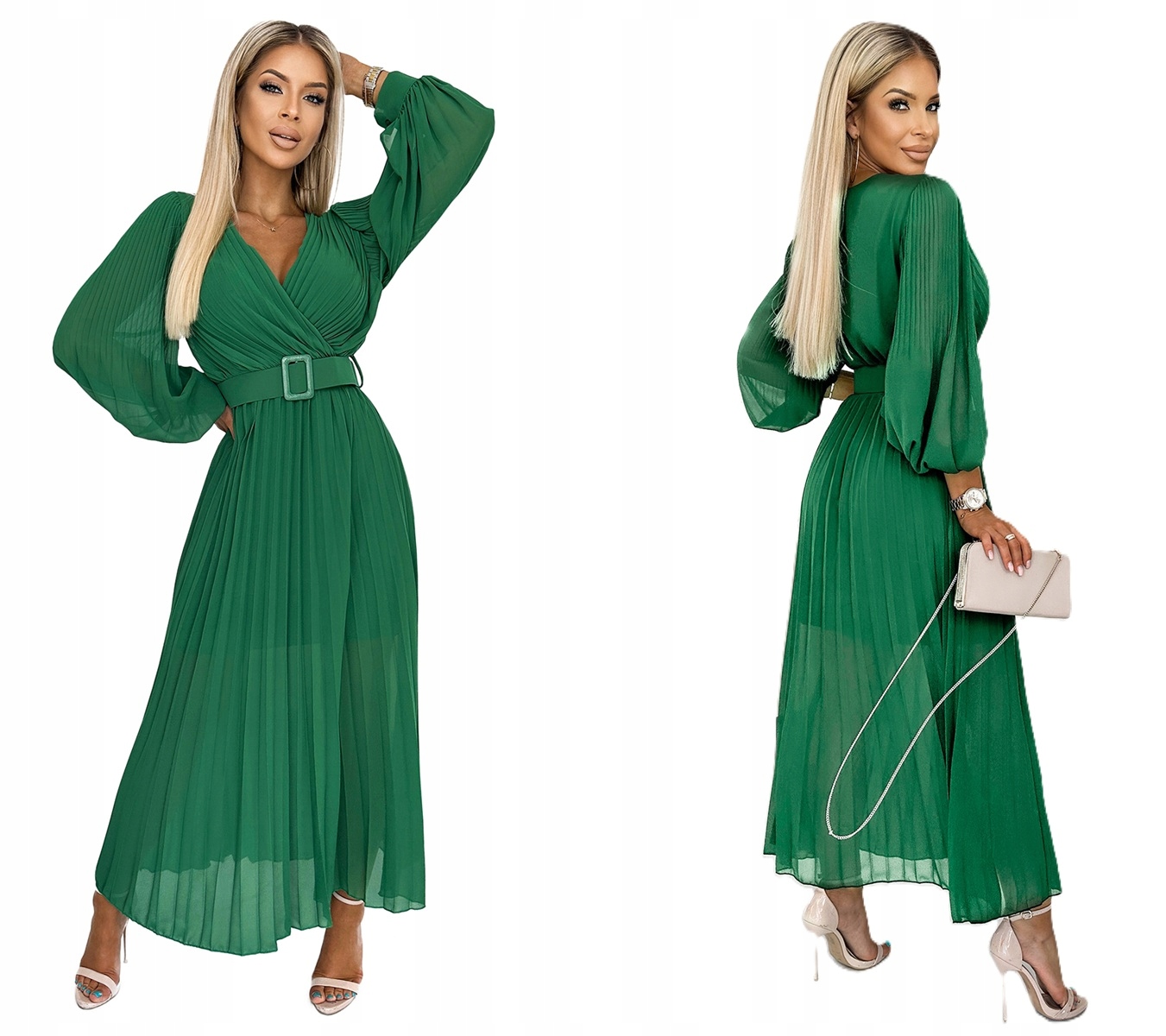 Elegantní Plisovaná Sukně S Širokým Páskem A Hlubokým Výstřihem Zeleň
