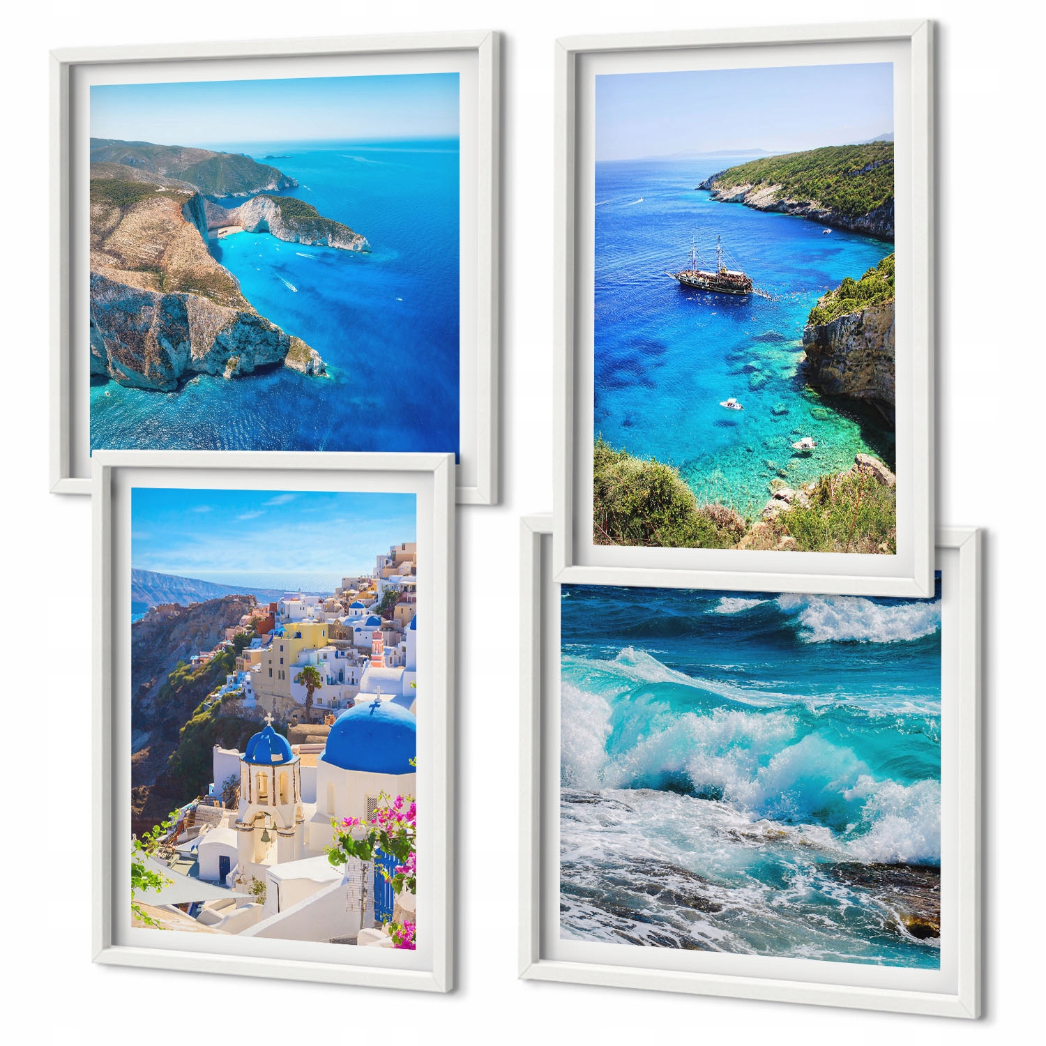 Elegantní sada obrazů nad stůl Řecké výhledy Santorini Oia Bílý rám