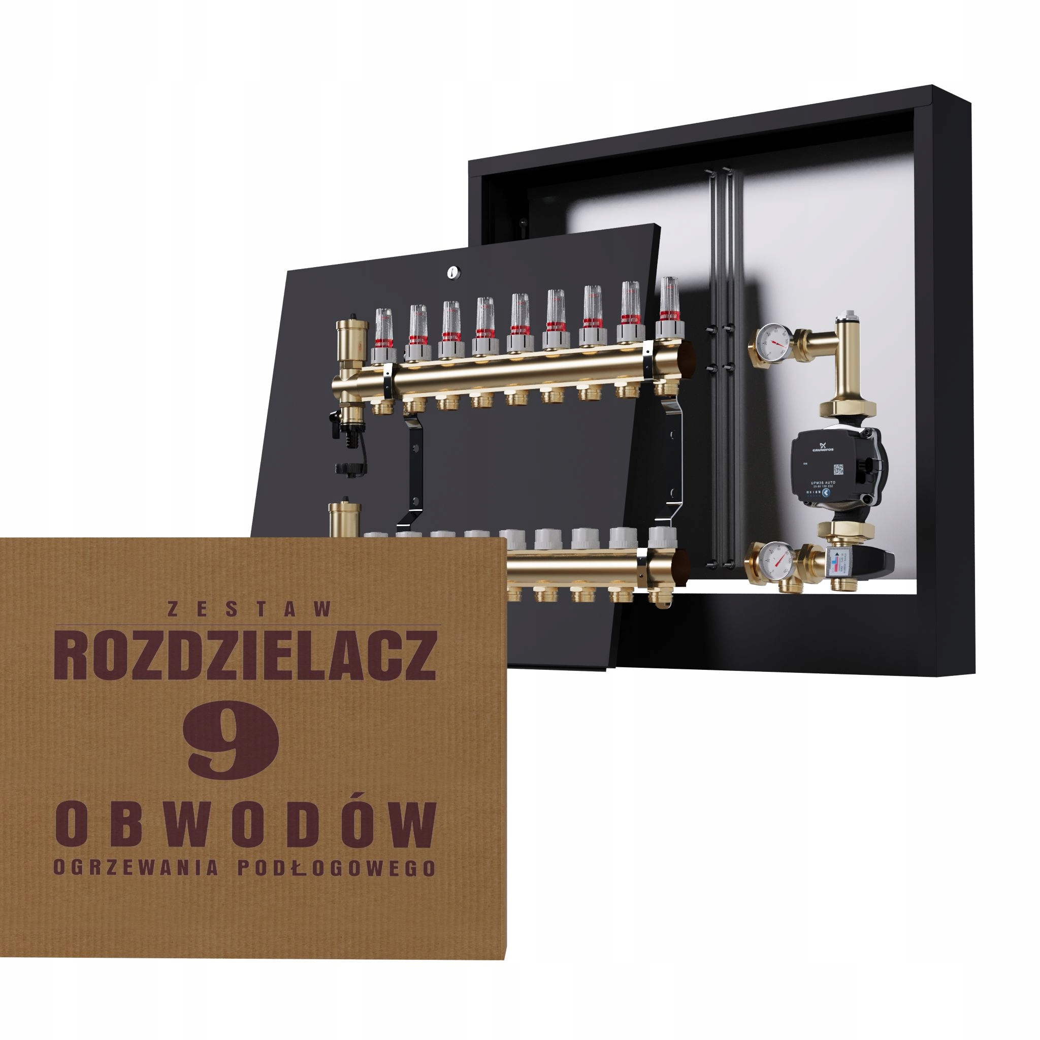 Rozdělovač pro podlahu 9 okruhů a čerpadlo Grundfos nástěnný černý