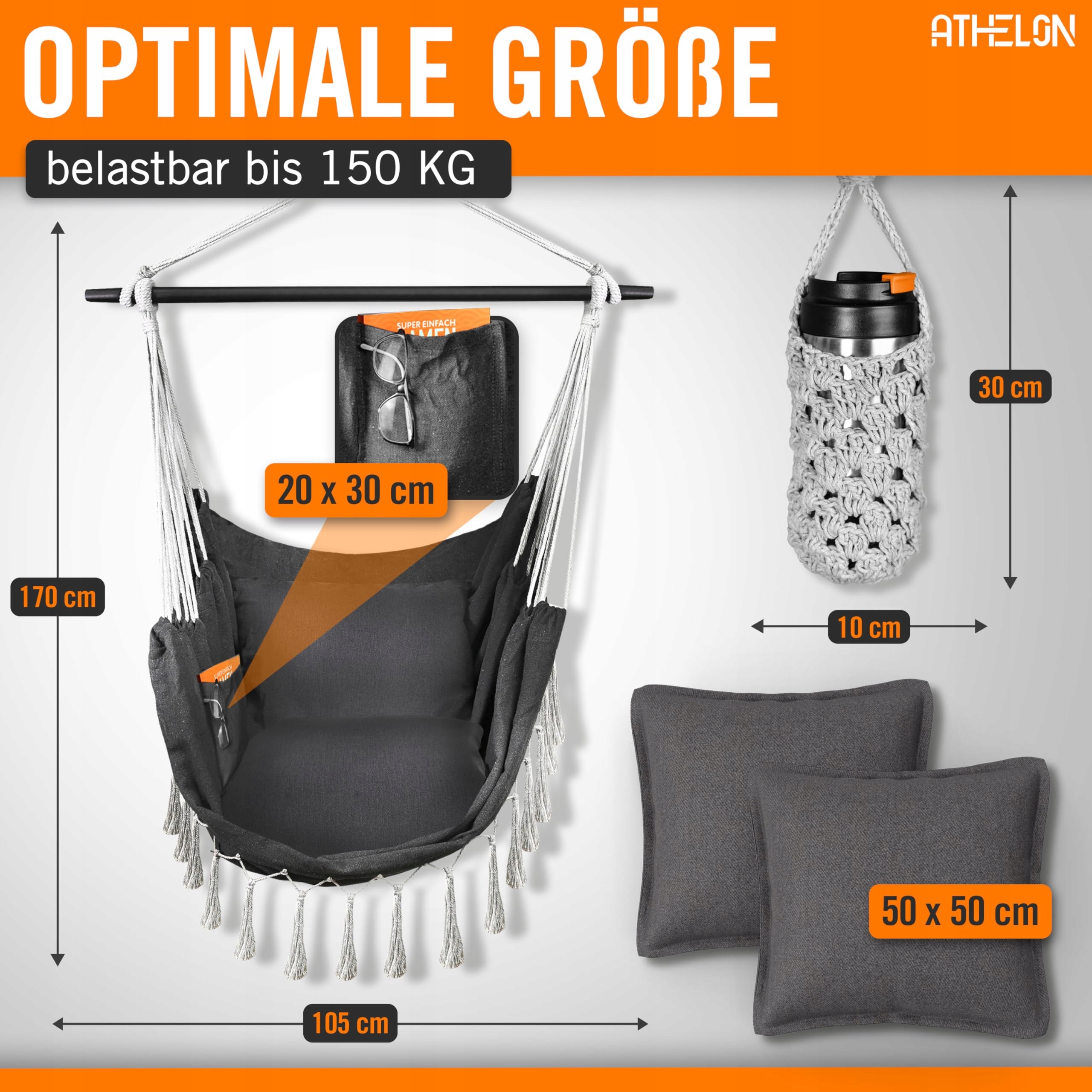 Fotel Wiszący Wygodny Dla Dzieci Dorosłych Z Poduszką 150kg ATHELON — miniatura 5