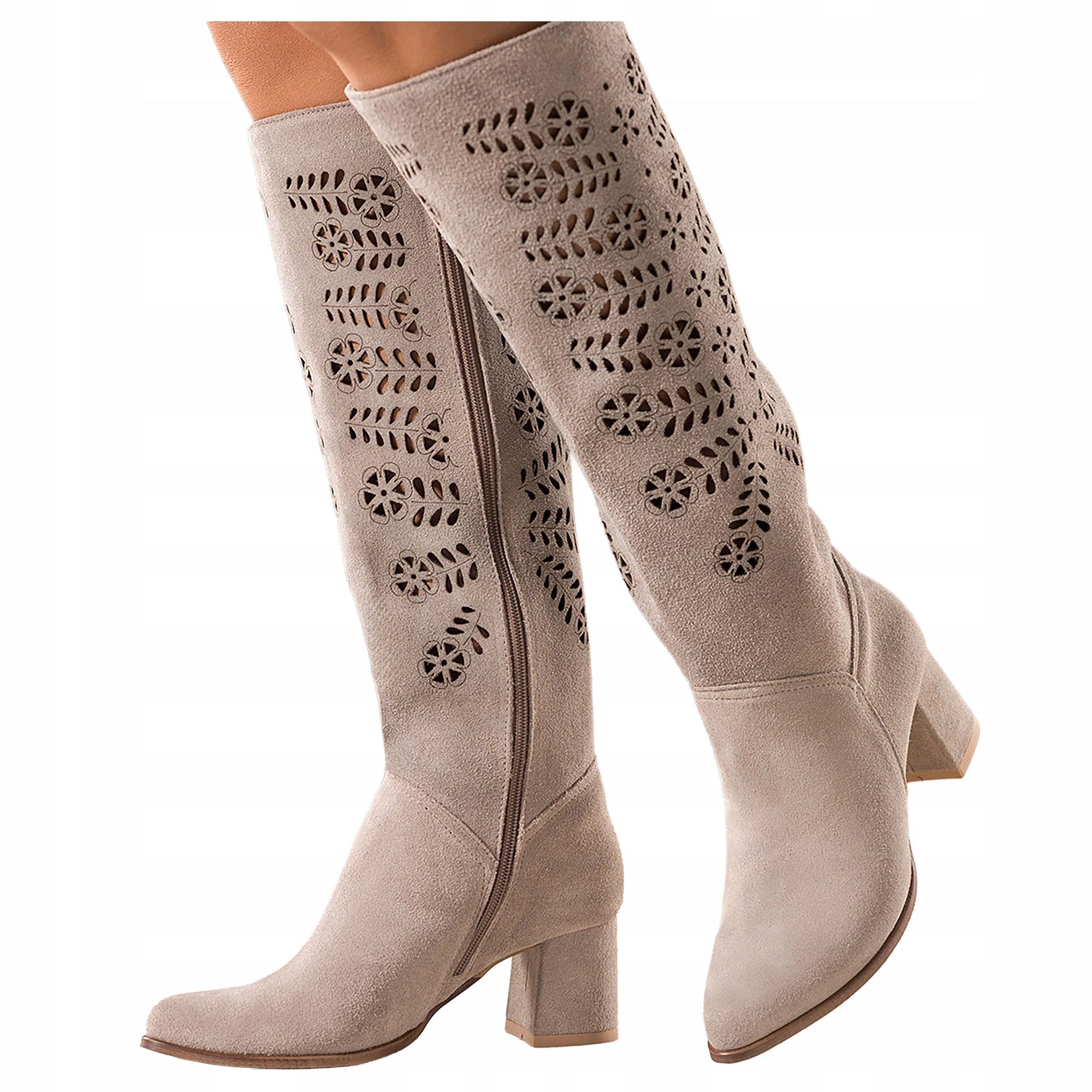 Kozačky Béžové Dámské Ažurové Nízké Kožené Podpatky Polské S Gumou r 39