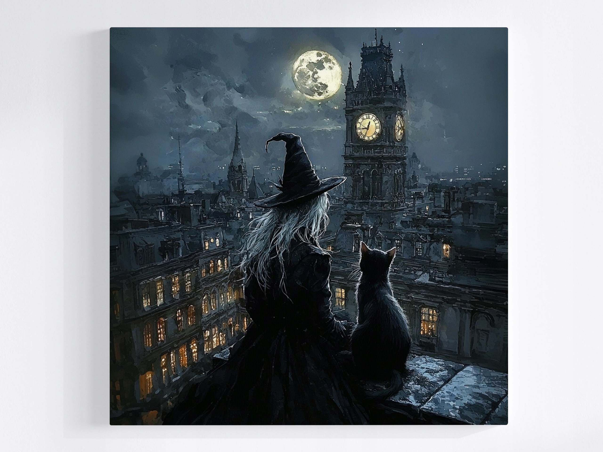 Obraz Na Plátně Canvas Čarodějka Černá Kočka Měsíc Noc Gothic Dark 80x80