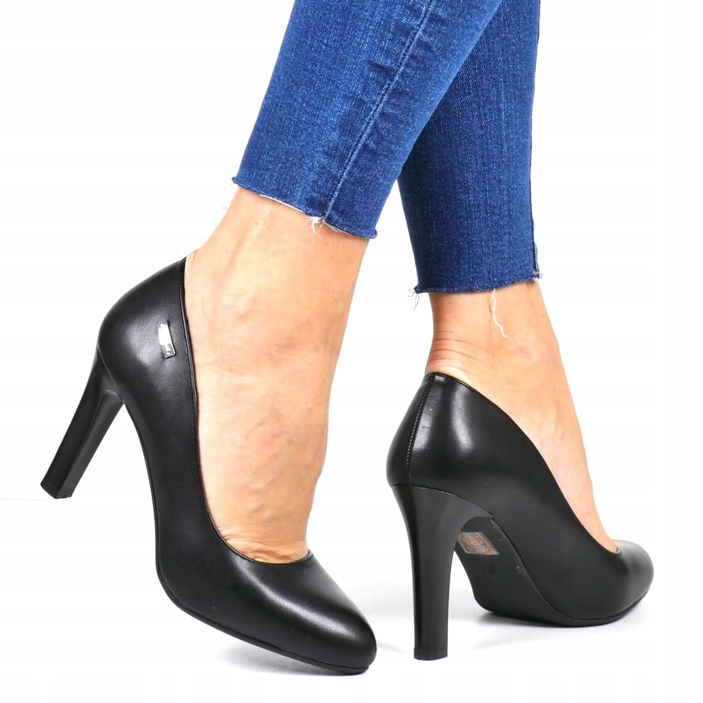 DAMSKIE CZÓŁENKA WYGODNE SZPILKI NA SŁUPKU CZARNE MATOWE Rozmiar 39