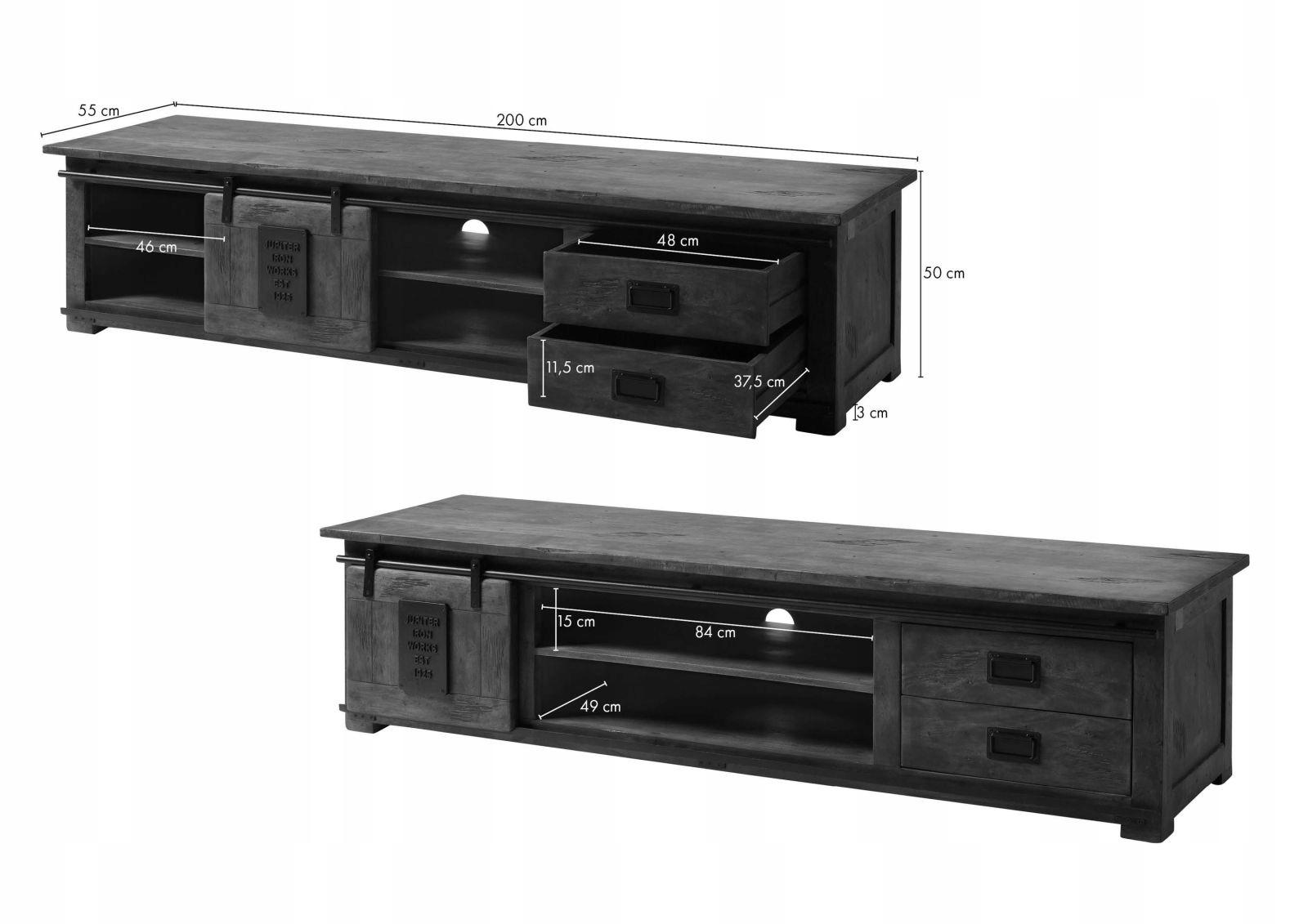 RAILWAY Szafka RTV Lite Drewno Mango LOFTOWE #136 Głębokość mebla 55 cm