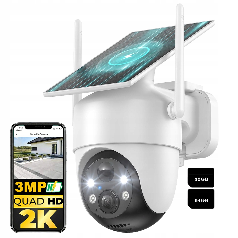 2K 3MPX venkovní monitorovací kamera s akumulátorem, bezdrátová s kartou