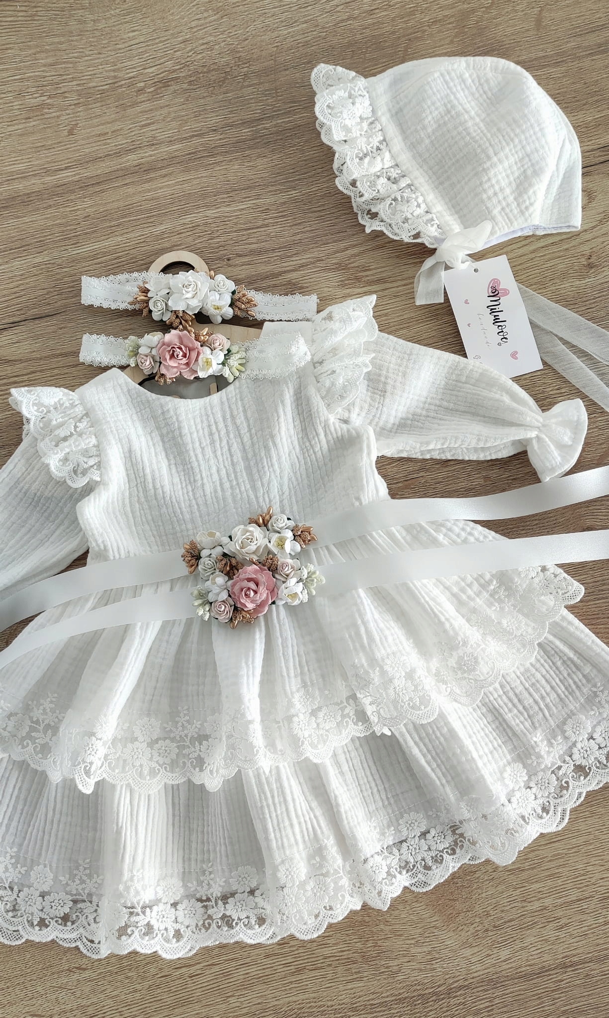 Muślinowa Sukienka do chrztu Blanka 74 Długość sukienki 42 cm