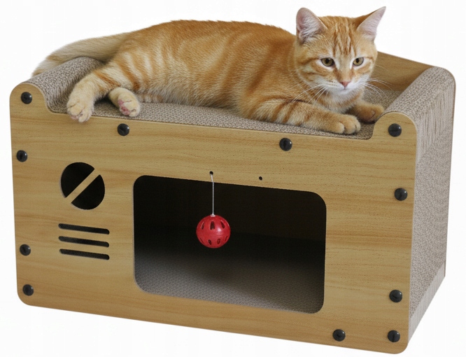 Levně Škrabadlo Pro Kočky Kartonové Mdf Pelíšek Domeček Bouda S Hračkou Retro Tv