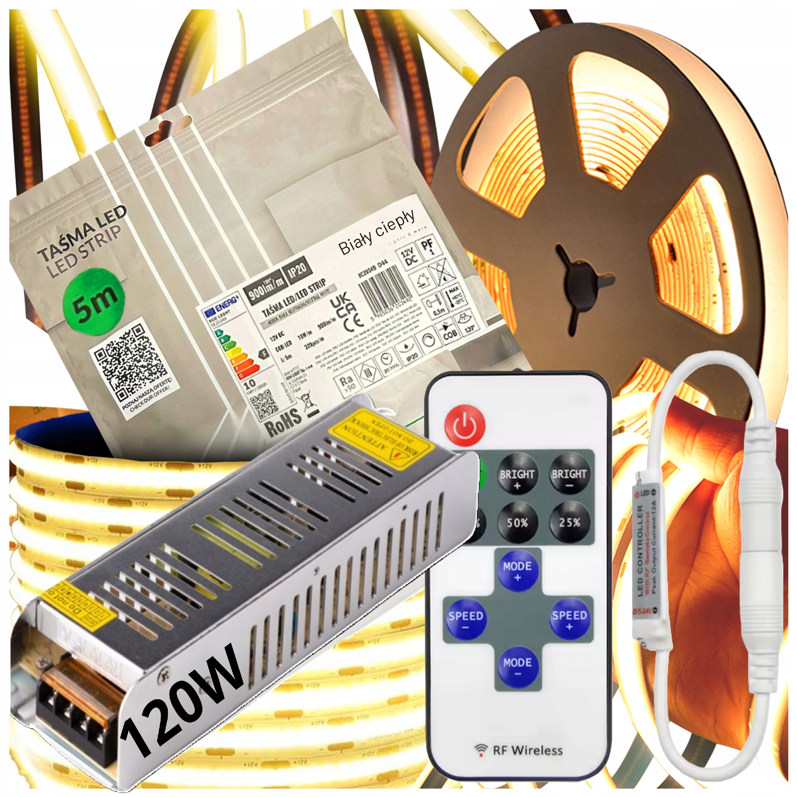 Sada Led pásků Neon Cob 12V 10 m 3000K Bílá Teplá Napájecí Zdroj Dálkový Ovladač Rf 8 mm