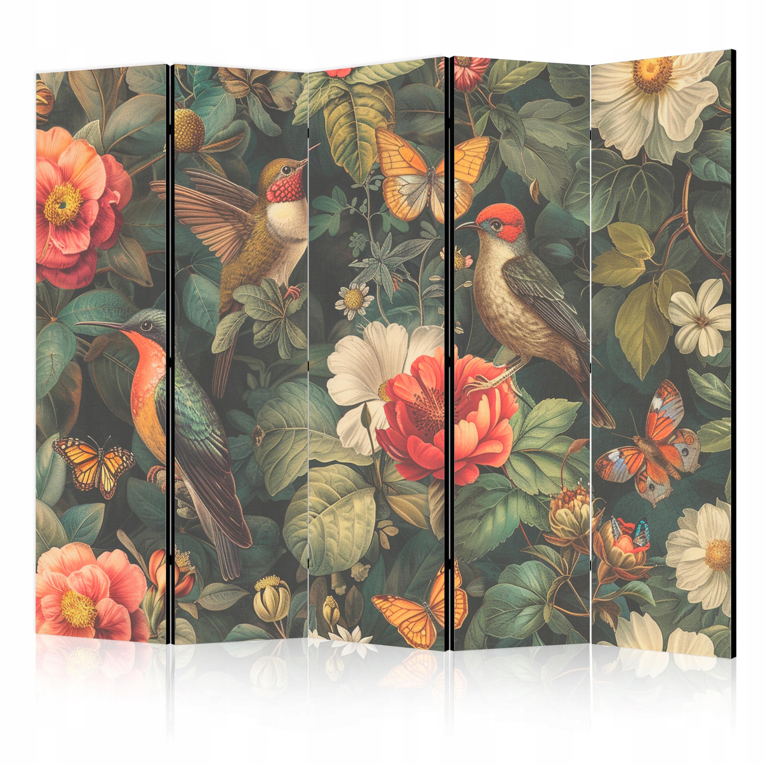 Paraván Akustický Pokojový 5-DÍLNÝ Ptáci Motýli Květiny Styl Boho 225x172