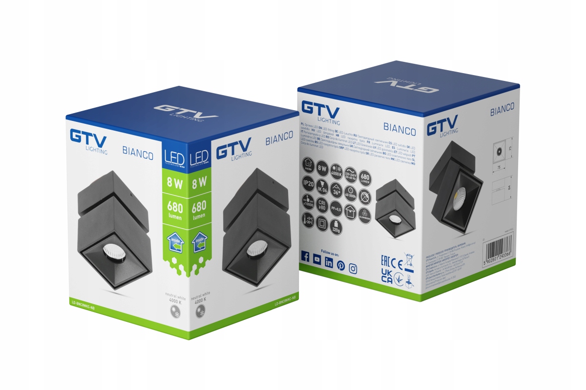 Stropné svietidlo Bianco, Led, 8W, 680lm, 4000 K, AC220-240V, 36°, štvorcové