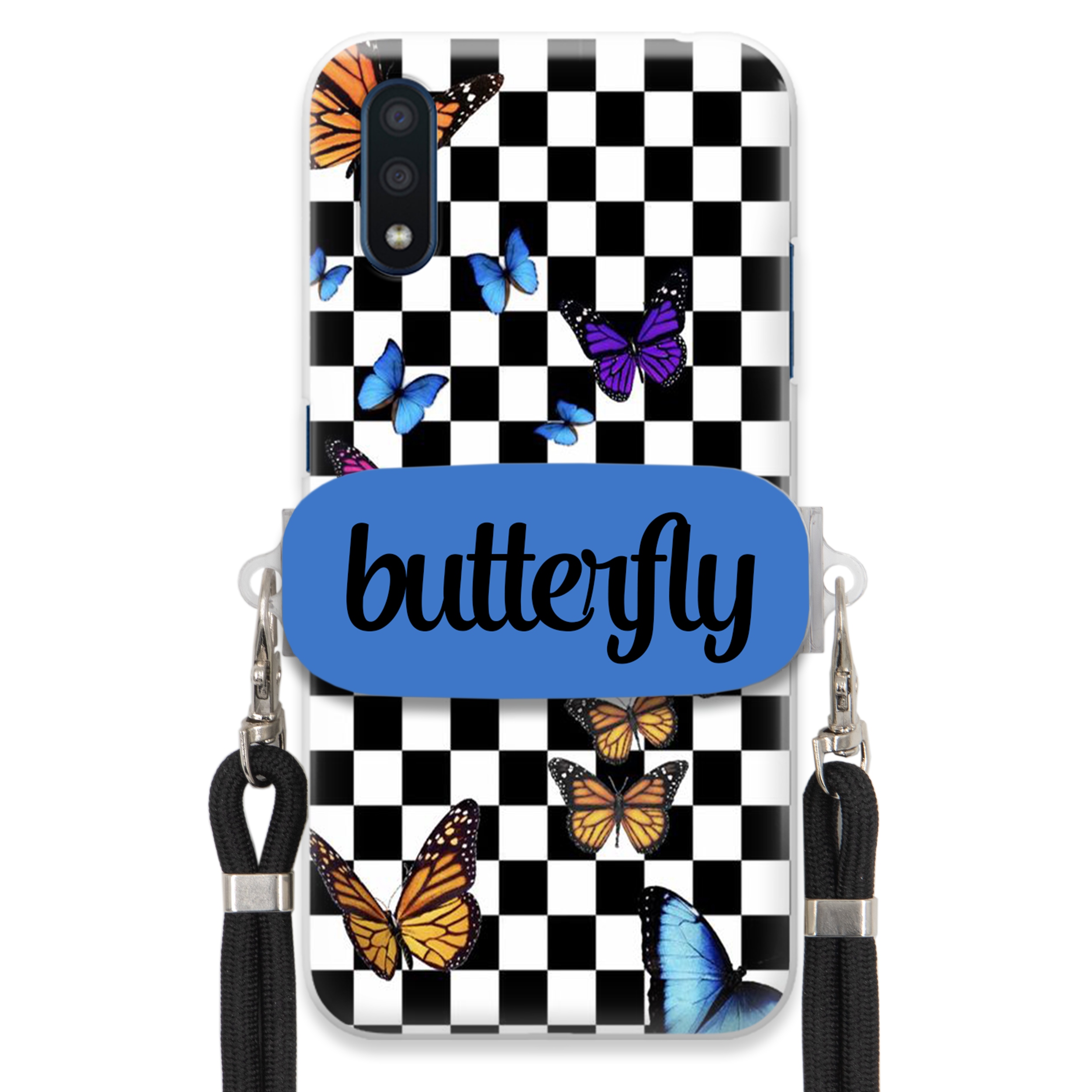 Puzdro Pre Samsung A01 Case, Obdĺžnikový Držiak, Čierne Vodítko, Butterfly, Motýle