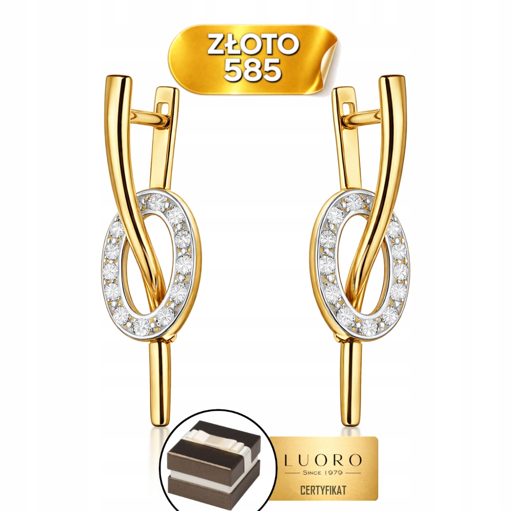 Náušnice Zlaté 585 14K Fala Ovál Zirkony 32,5 MM Anglické Zapínání