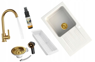 Dřez Granitový Jednokomorový Ada Bílý Dřez Baterie Sifon Zlatý