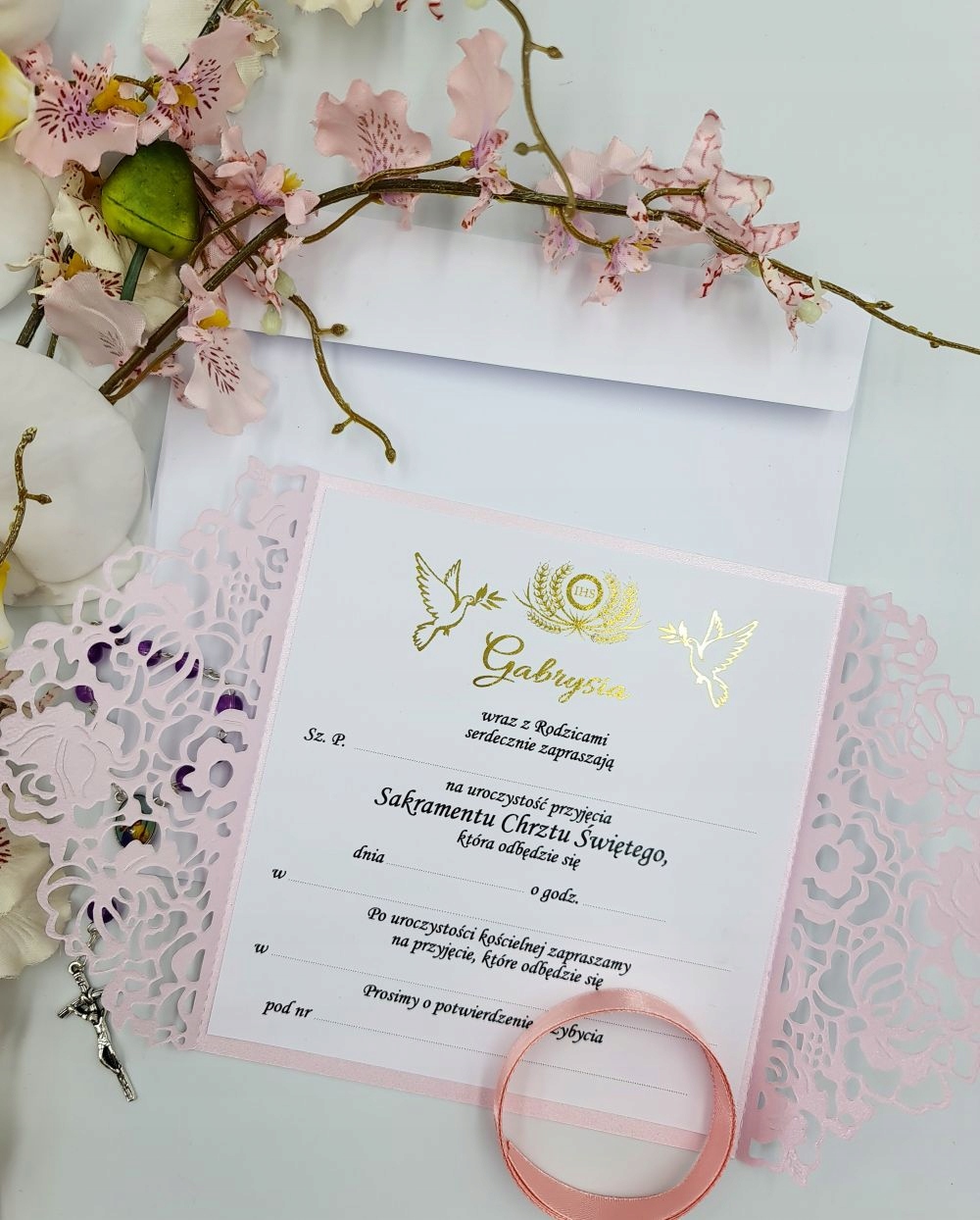 ZAPROSZENIA CHRZEST, CHRZCINY AŻUROWE ZŁOCONE RÓŻ Kolor wielokolorowy