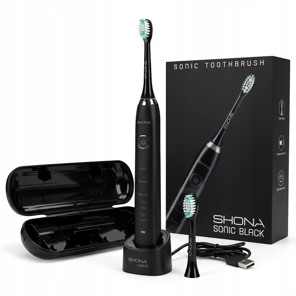 Shona Soniczna Szczoteczka Do Zębów Sonic Black (5 trybów+etui+2 końcówki)