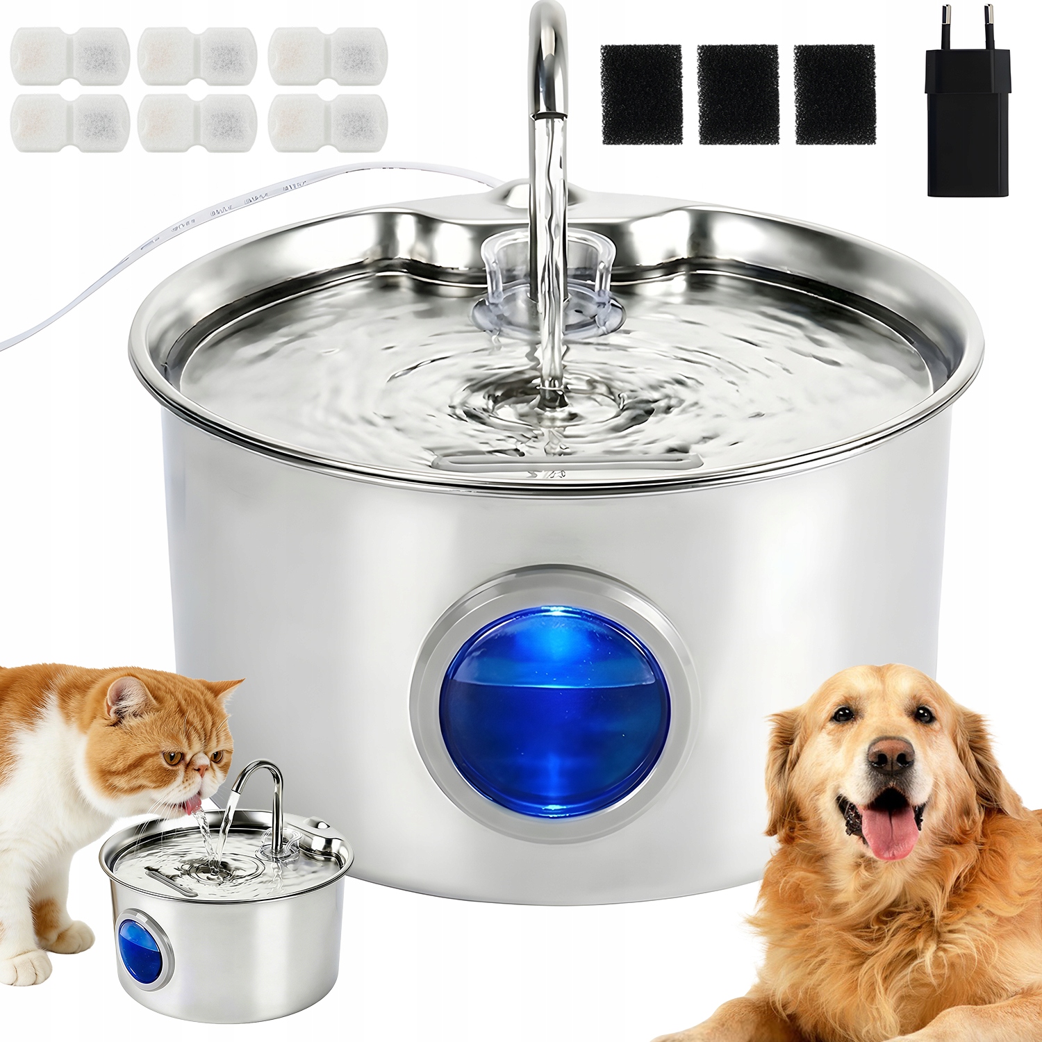 Fontána na vodu Pro Kočky a psy, tichá, 25 dB, 2,6 l, automatická ocelová napáječka