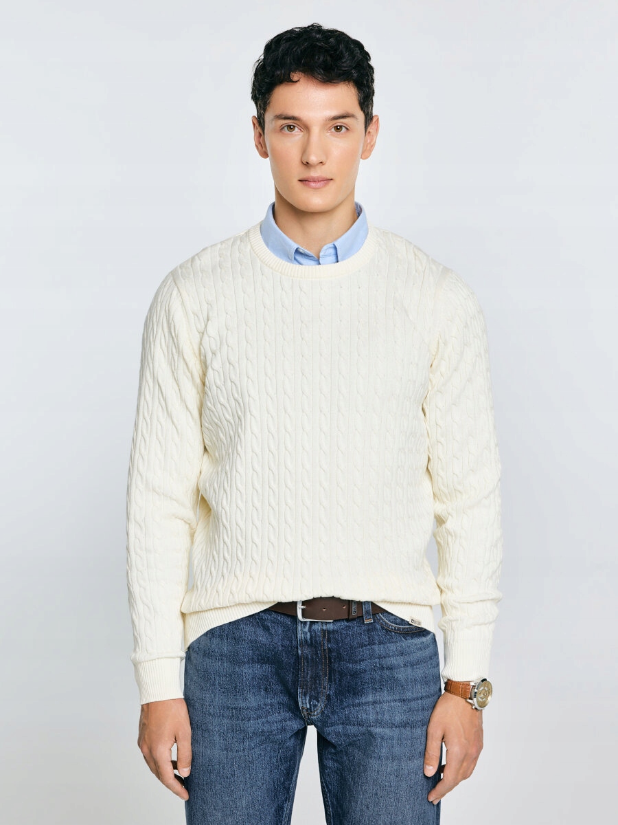 Big Star Pánský svetr s copánkovou vazbou a výšivkou, krémový, Niser 100 L