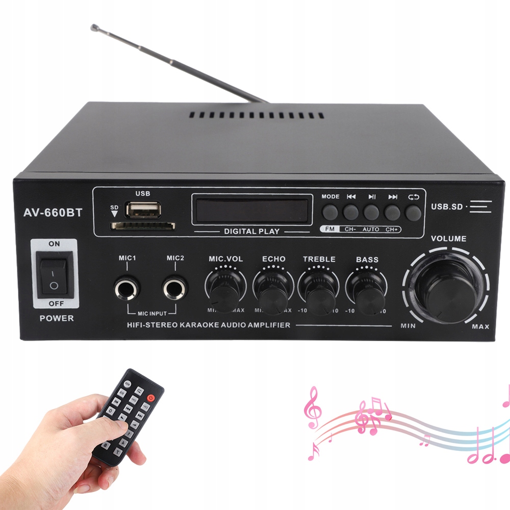 Zesilovač AV-660BT 3000W Bluetooth 5.0 Usb Sd Fm MP3 S Led Displejem