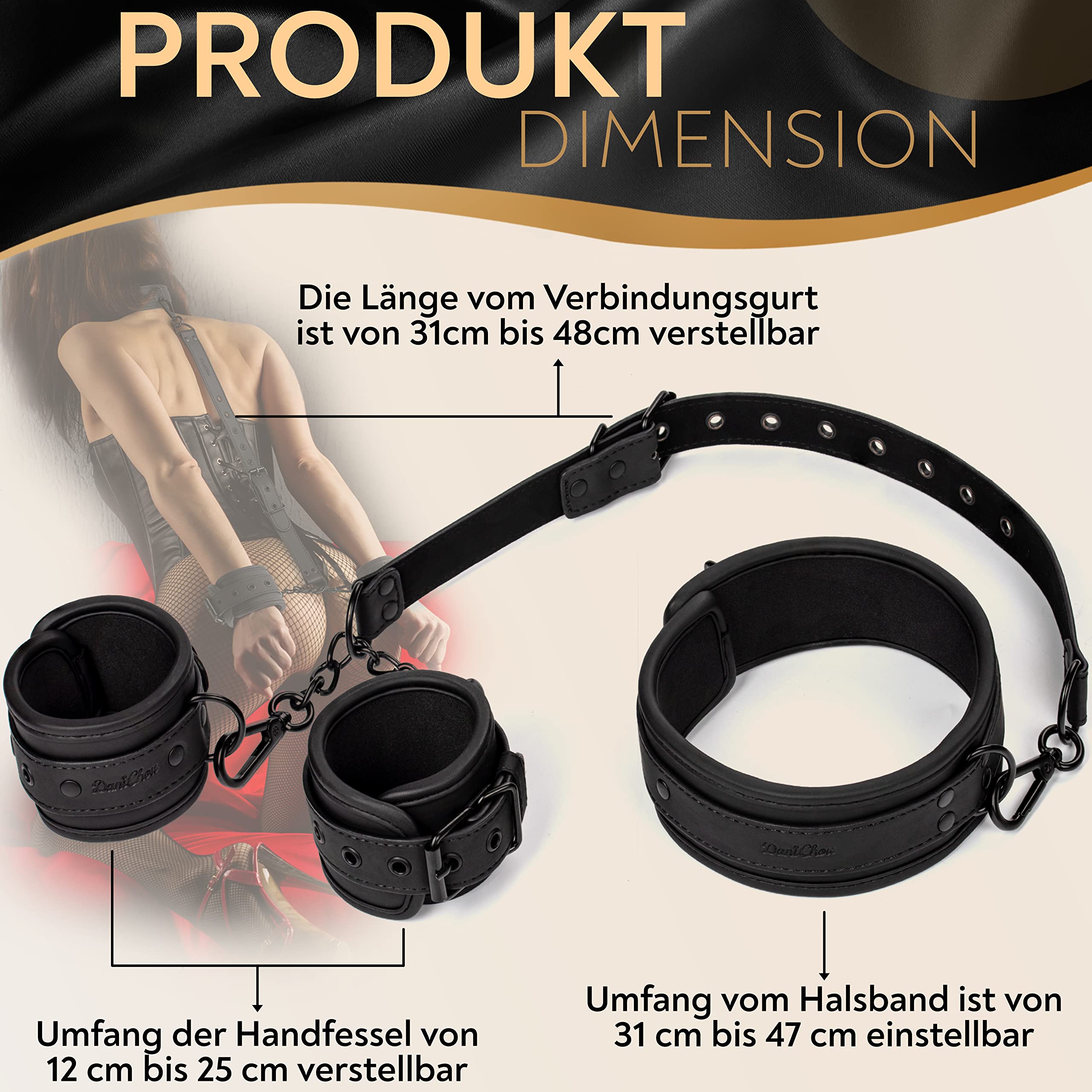 DANICHOU Zestaw Bondage 3w1: Obroża, Kajdanki, Łańcuch — miniatura 4