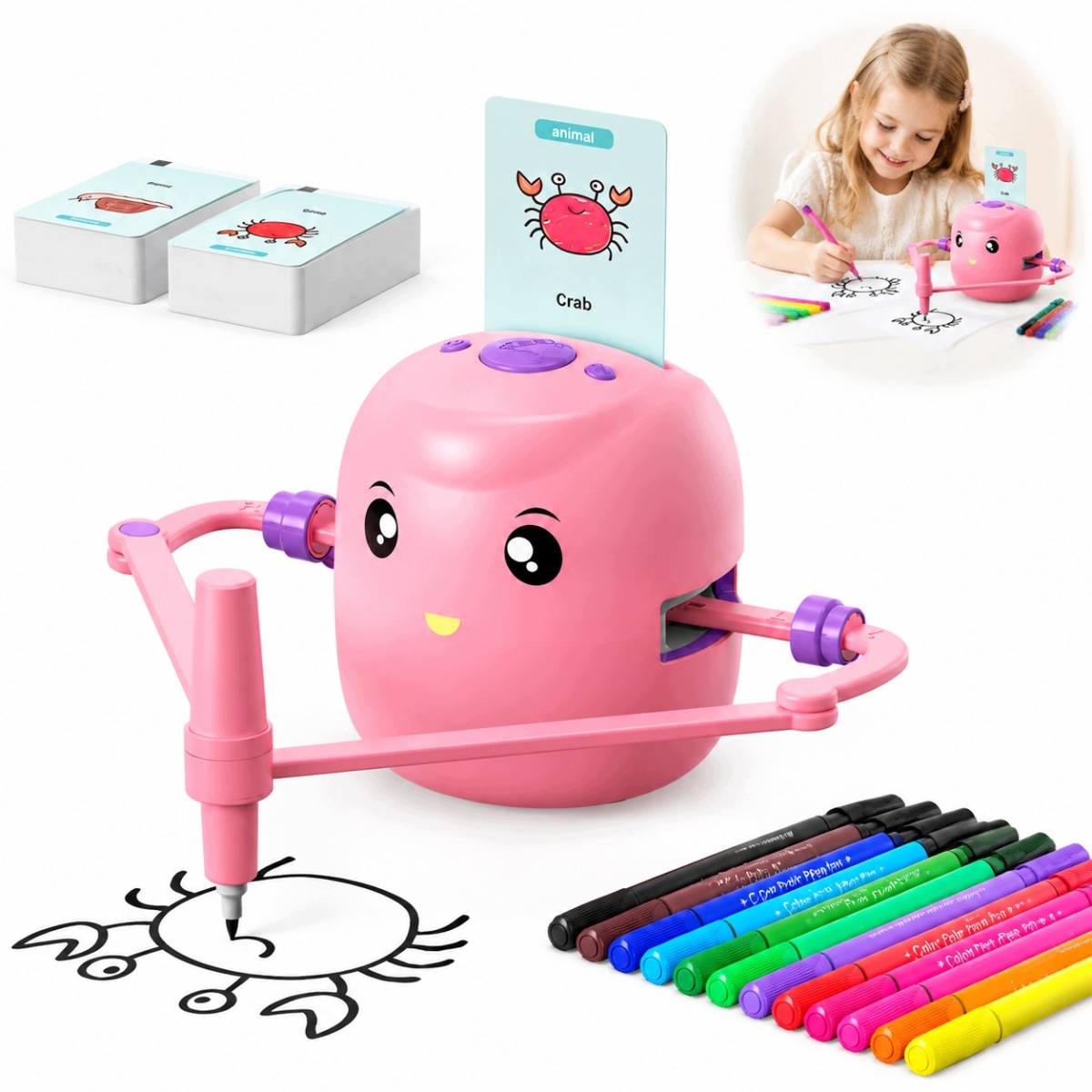 Edukacyjny Robot Do Nauki Rysowania I Angielskiego Zestaw 150 Kart Różowy