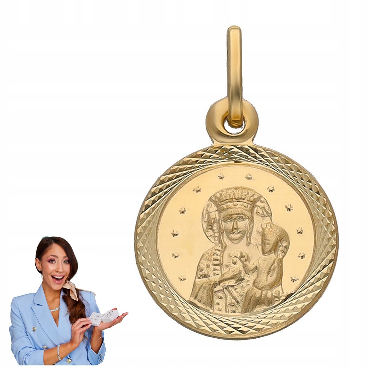 Zlatý Přívěsek Medailon Panna Maria Čenstochovská Zlato 585 S Diamanty