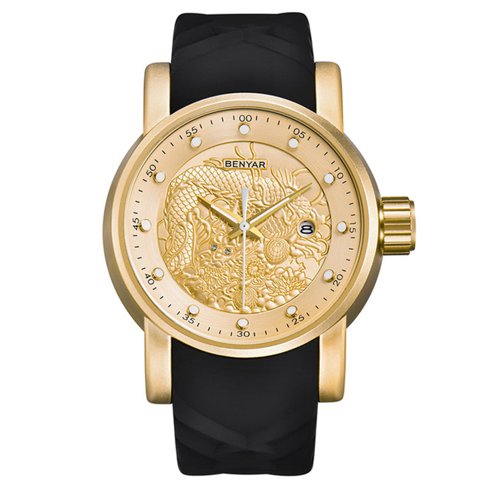 Pánské hodinky Benyar kožený řemínek černý zlatý datumovka