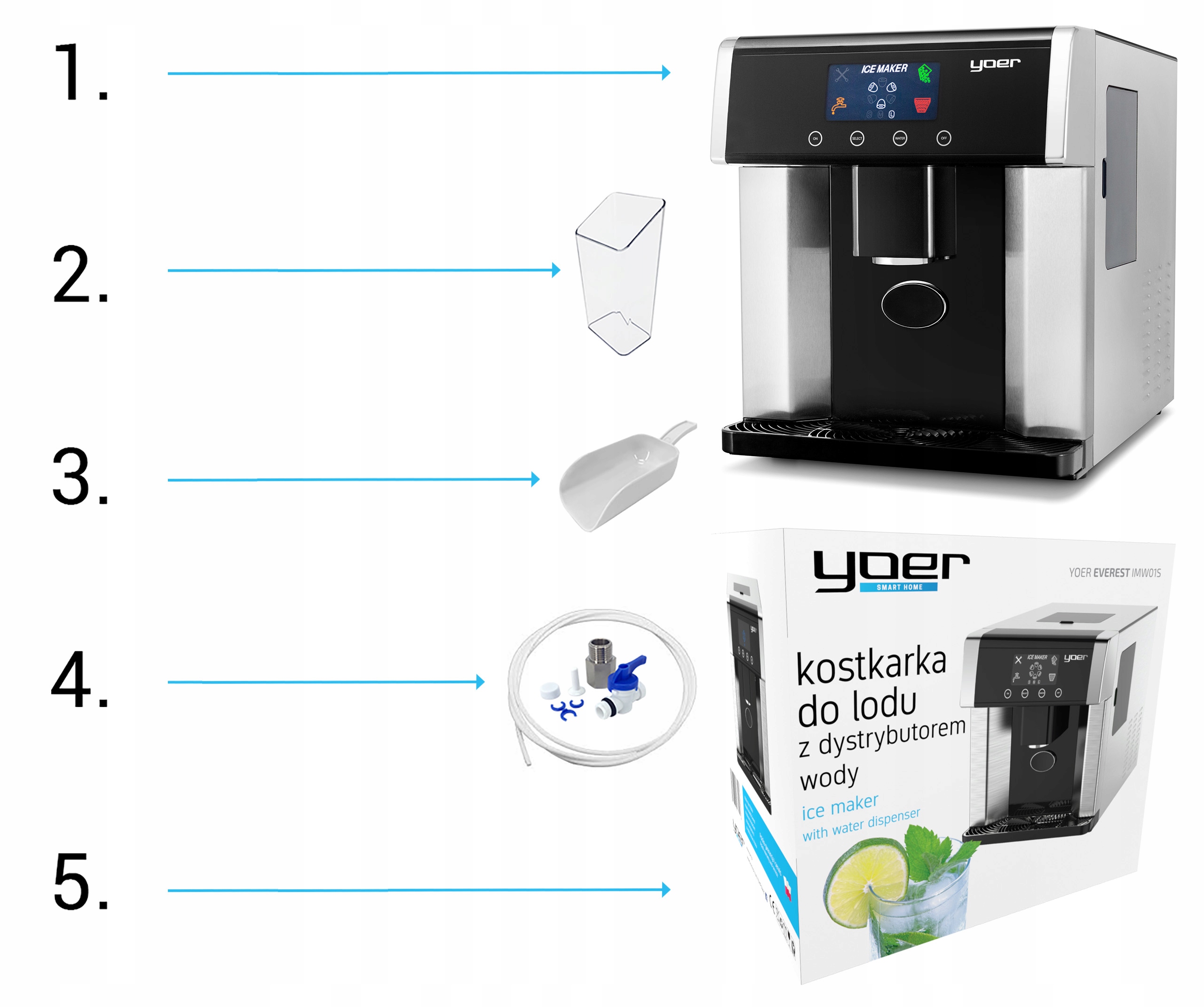 2w1 Kostkarka do lodu Dystrybutor wody 15kg/24h Yoer 150W +Kostki S/M/L Głębokość produktu 42.5 cm