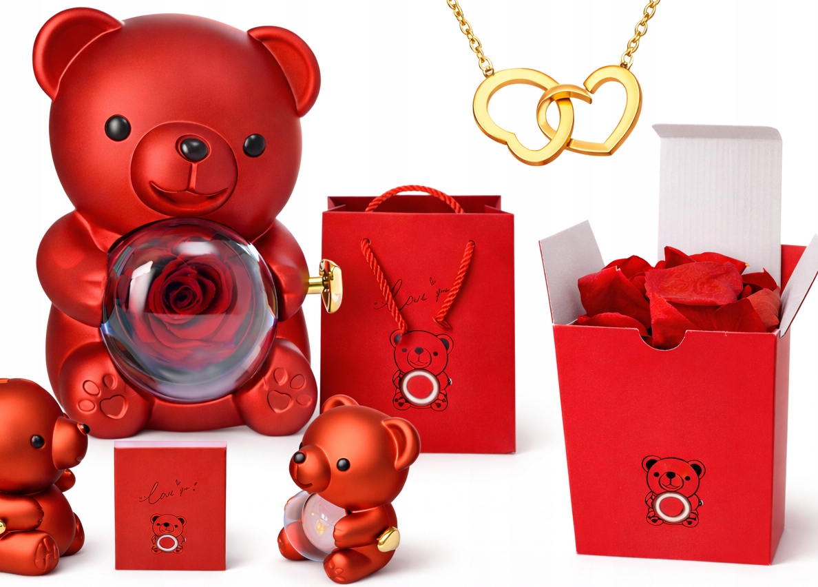 Medvídek s růží a náhrdelníkem Dárek Den žen pro ni Sada Okvětní Lístky Růží