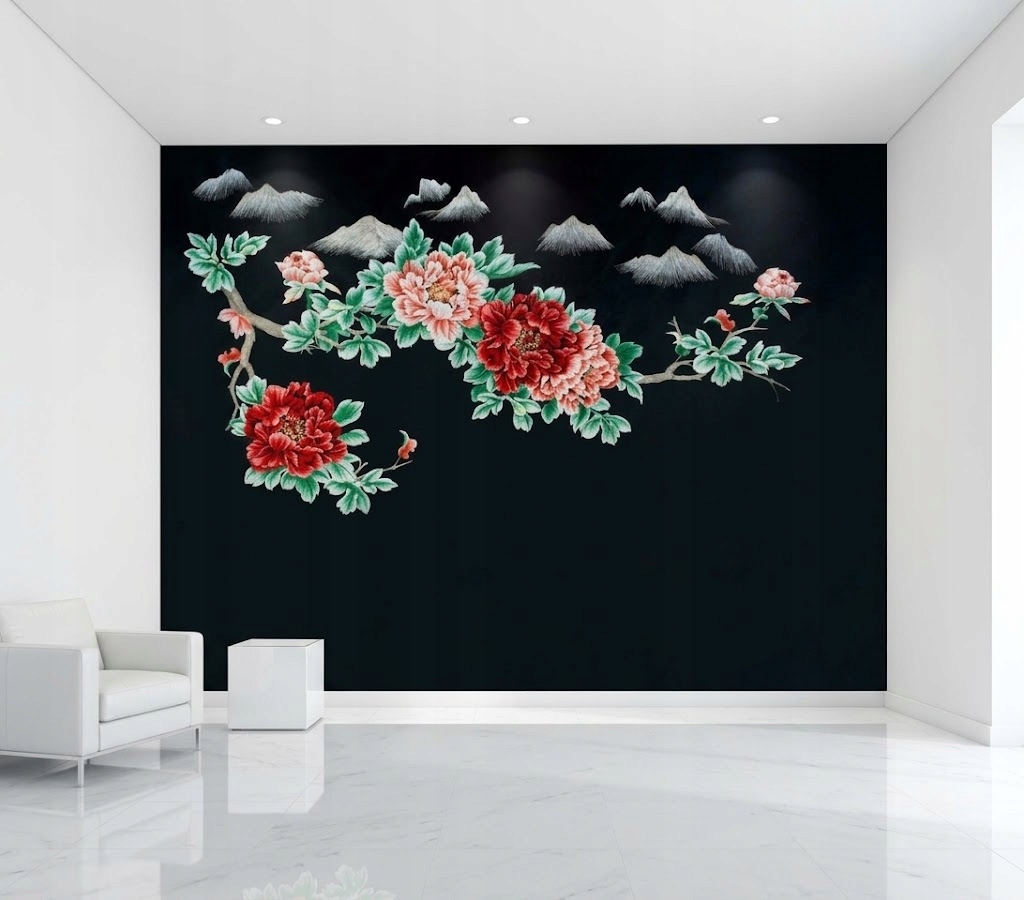 Tapeta mural haft 3D tkanina czarna kwiaty salon sypialnia 330x290cm 6-C