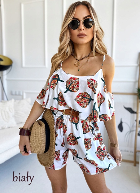 Letni KOMBINEZON DAMSKI dekolt hiszpanka wzorki listki Marka Awanti