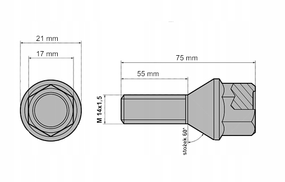 Śruba do alufelg M14x1,5 gwint 55mm stożek AUDI V W SEAT SKODA Producent HEK