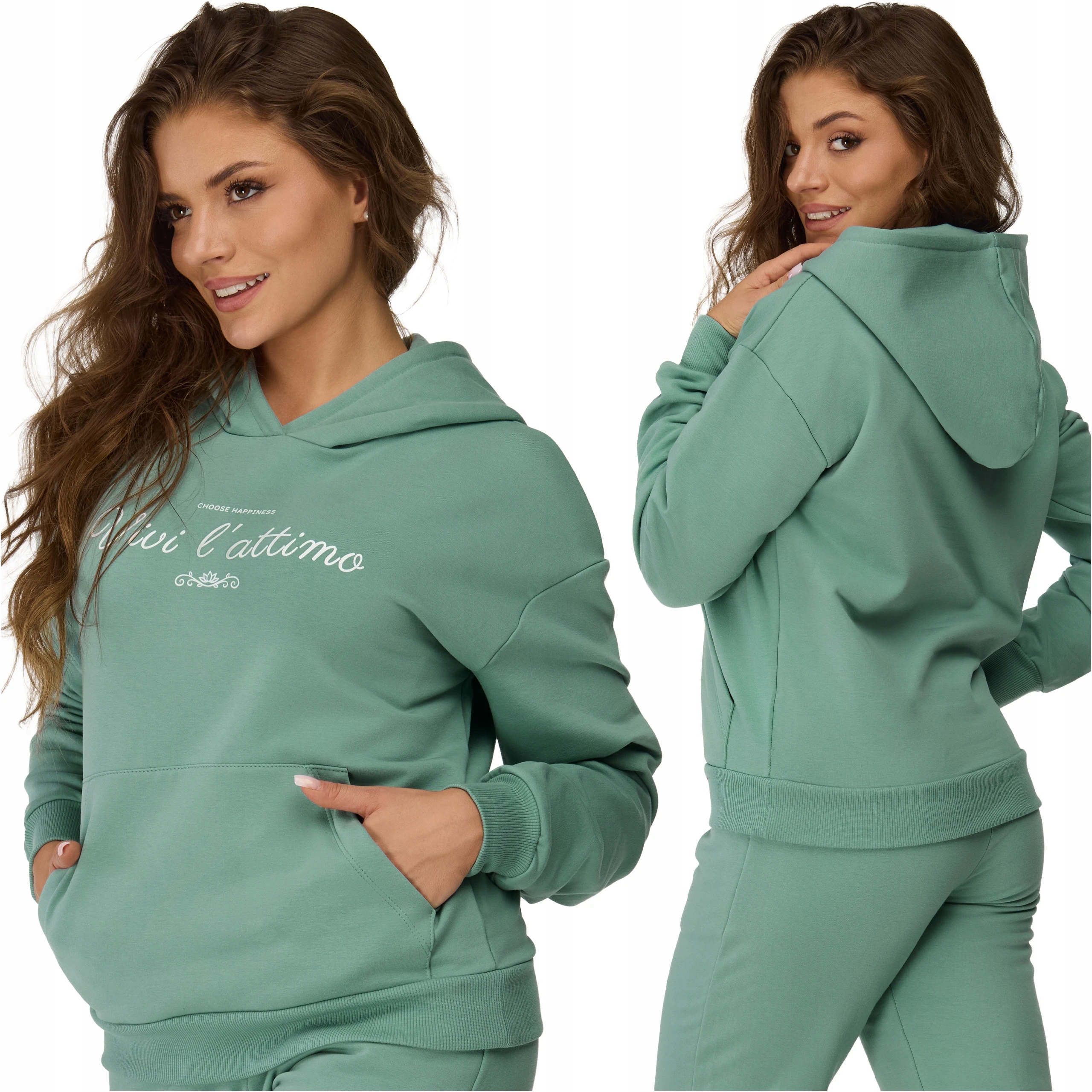 Bluza damska z kapturem bawełna zielona z nadrukiem dresowa Xs
