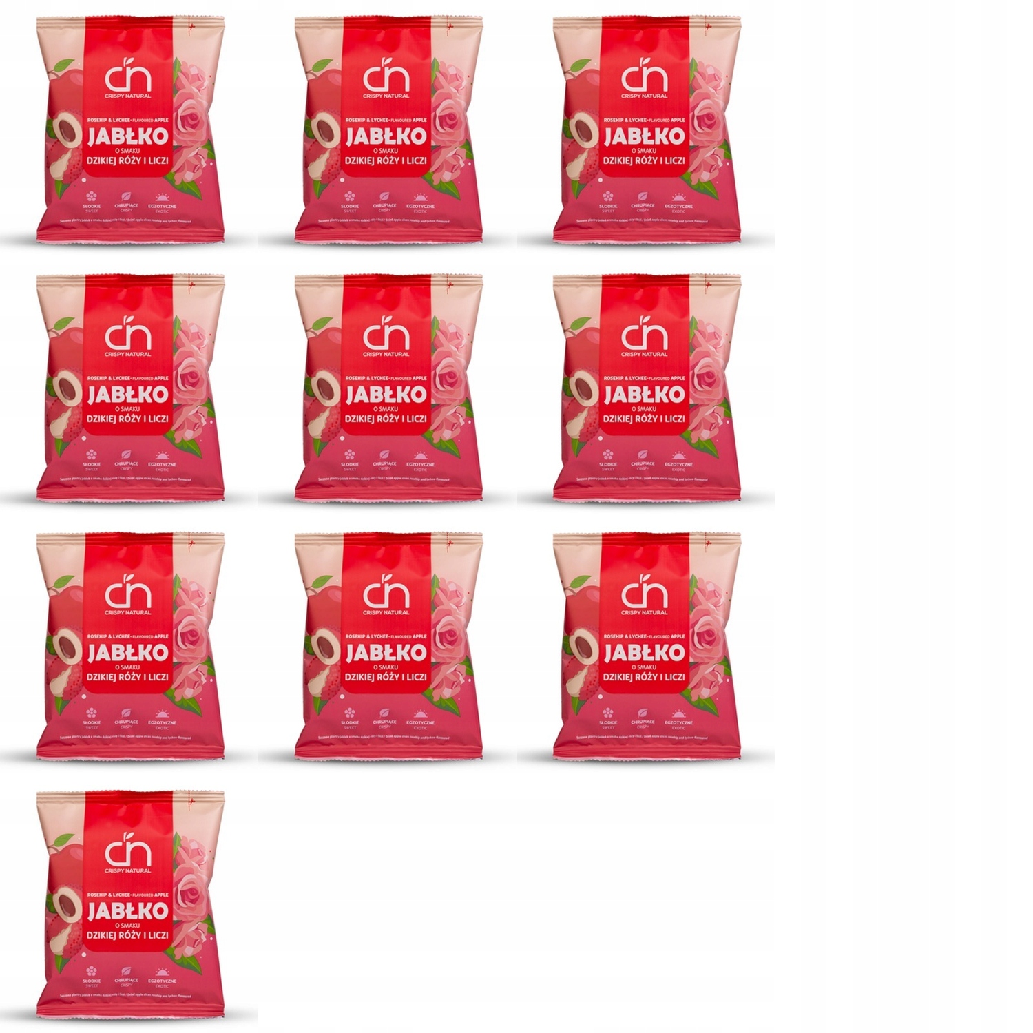 10x 50g Crispy natural jabłko suszone smak dzikiej róży i liczi Karton