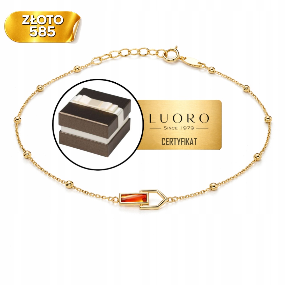 Náramek Zlatý 585 14K Hladké Kuličky Cornelian 17 CM Nastavitelný