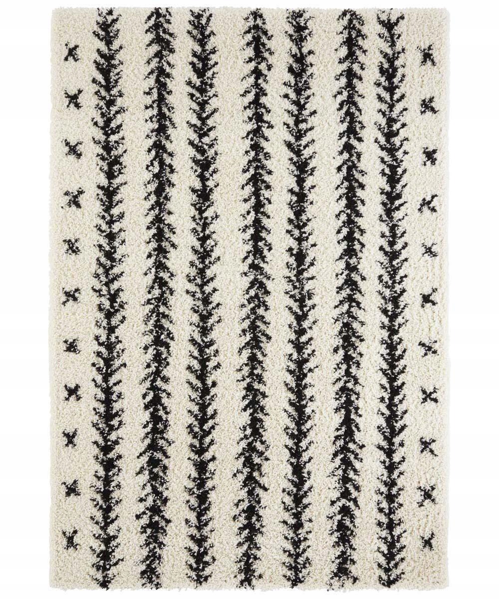 Černo krémový hrubý koberec typu shaggy do obývacího pokoje, vzor boho 120 x 170 cm