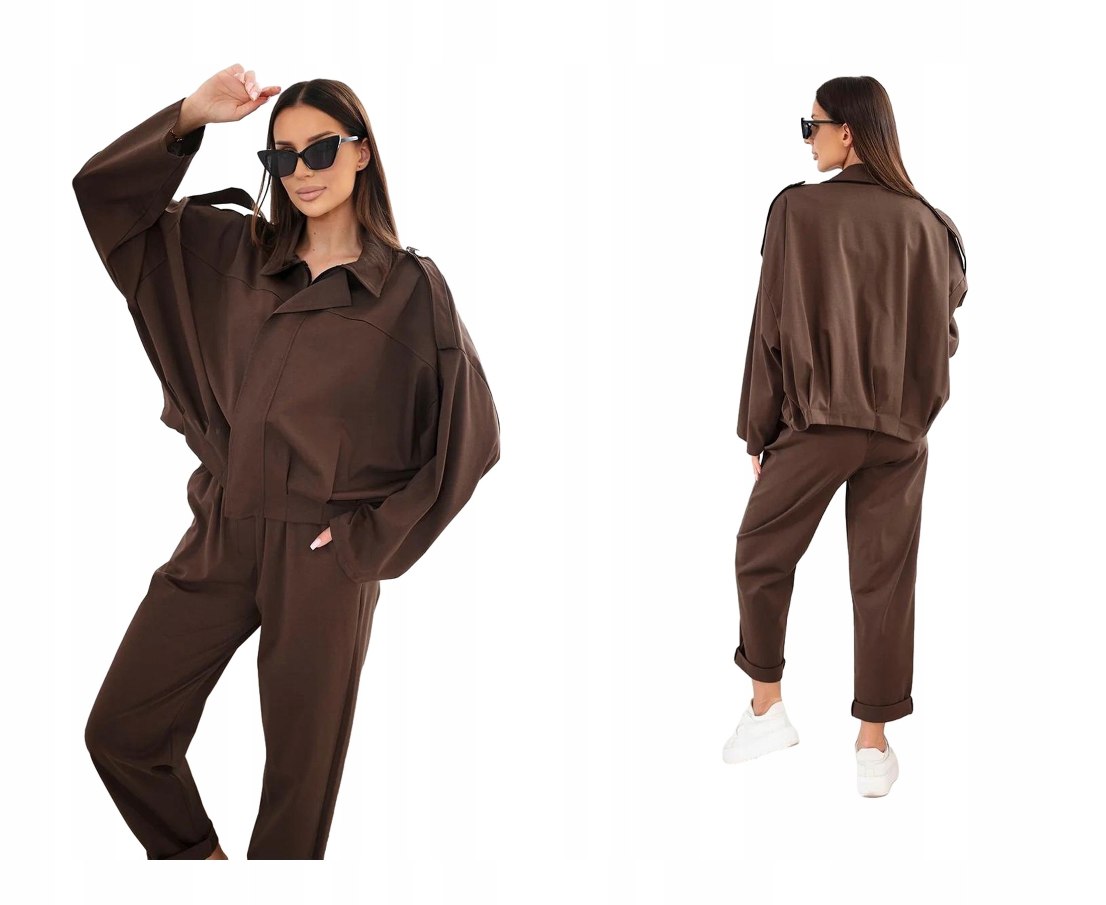 Dámský komplet oversize mikina na zip a kalhot s kapsami, hnědý