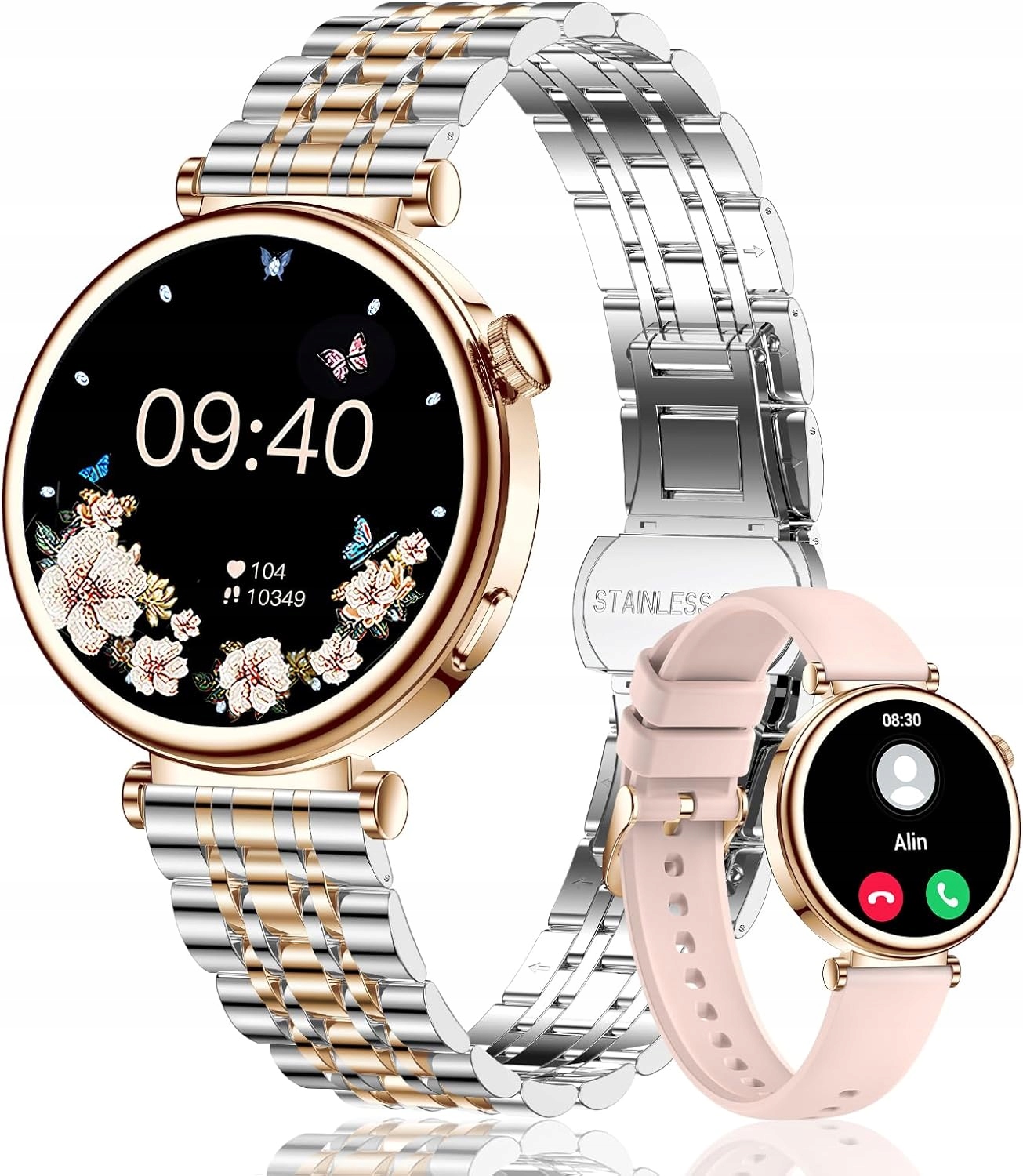 Chytré Hodinky Dámské Fitness Bluetooth IP67 Hovory Růžové Zlato
