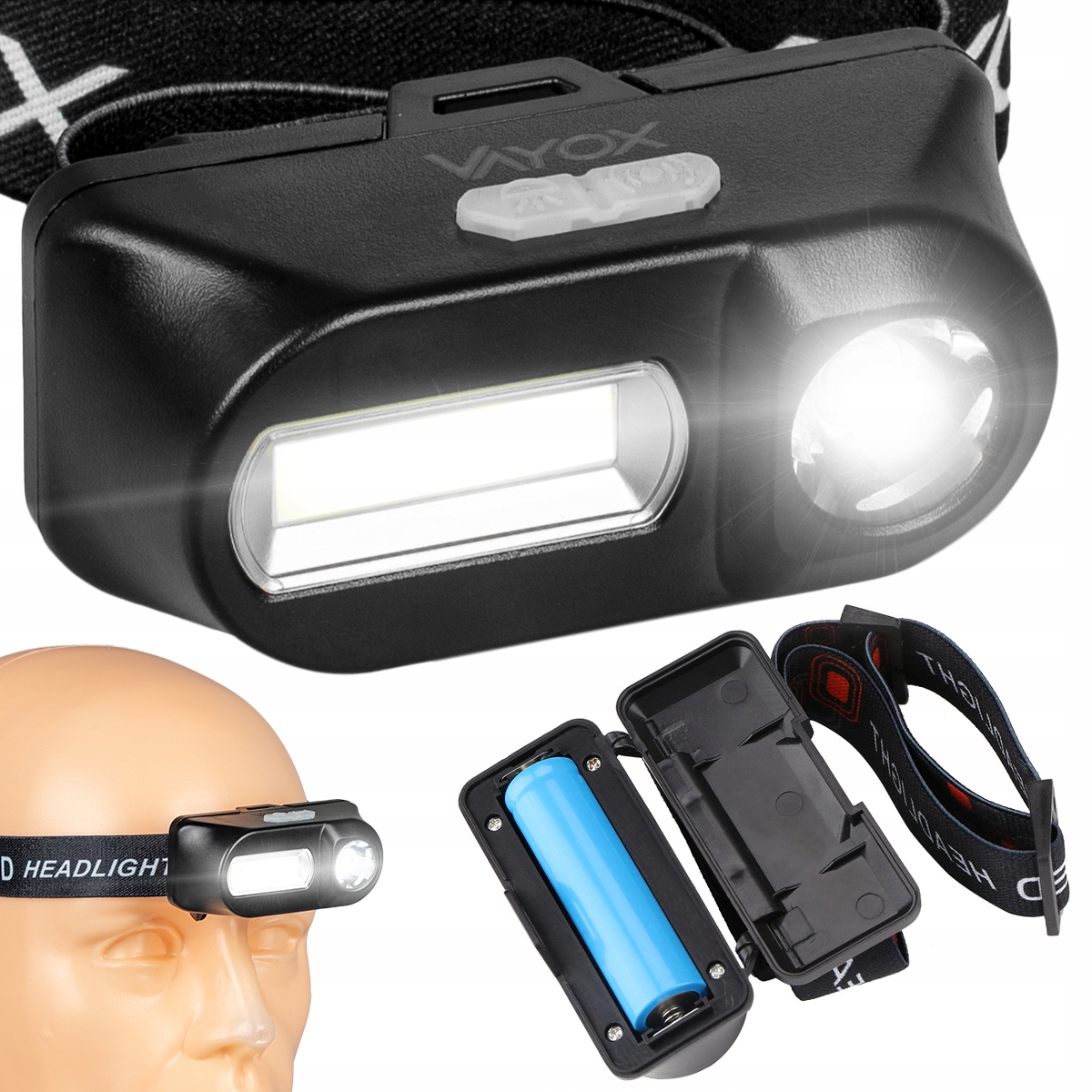 Latarka Czołowa Czołówka Lampka Led Akumulatorowa 18650 Mocna Usb-c Vayox