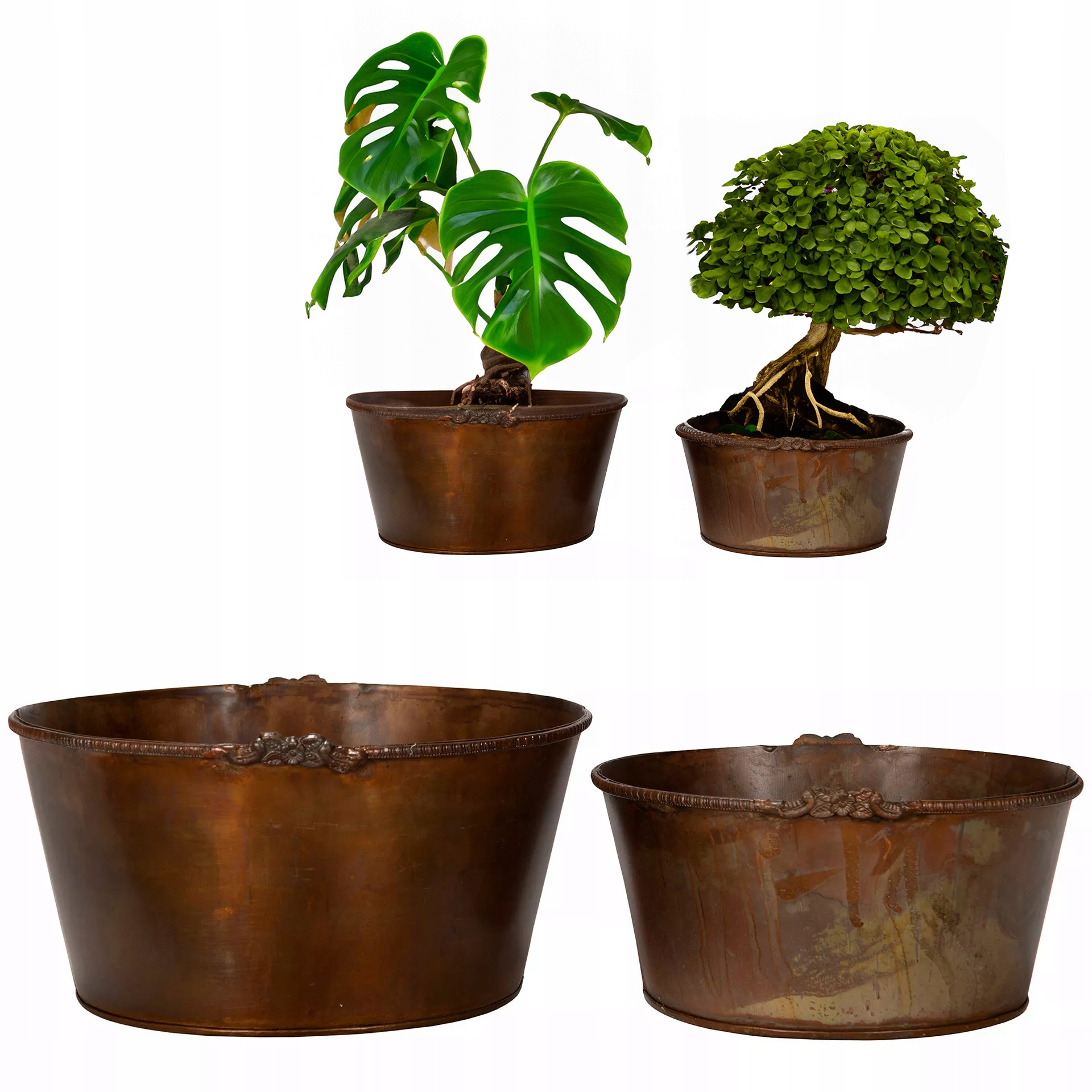 Květináč Miska na bonsaje monstera 2 ks sada obal na květináč loft rezavý kov