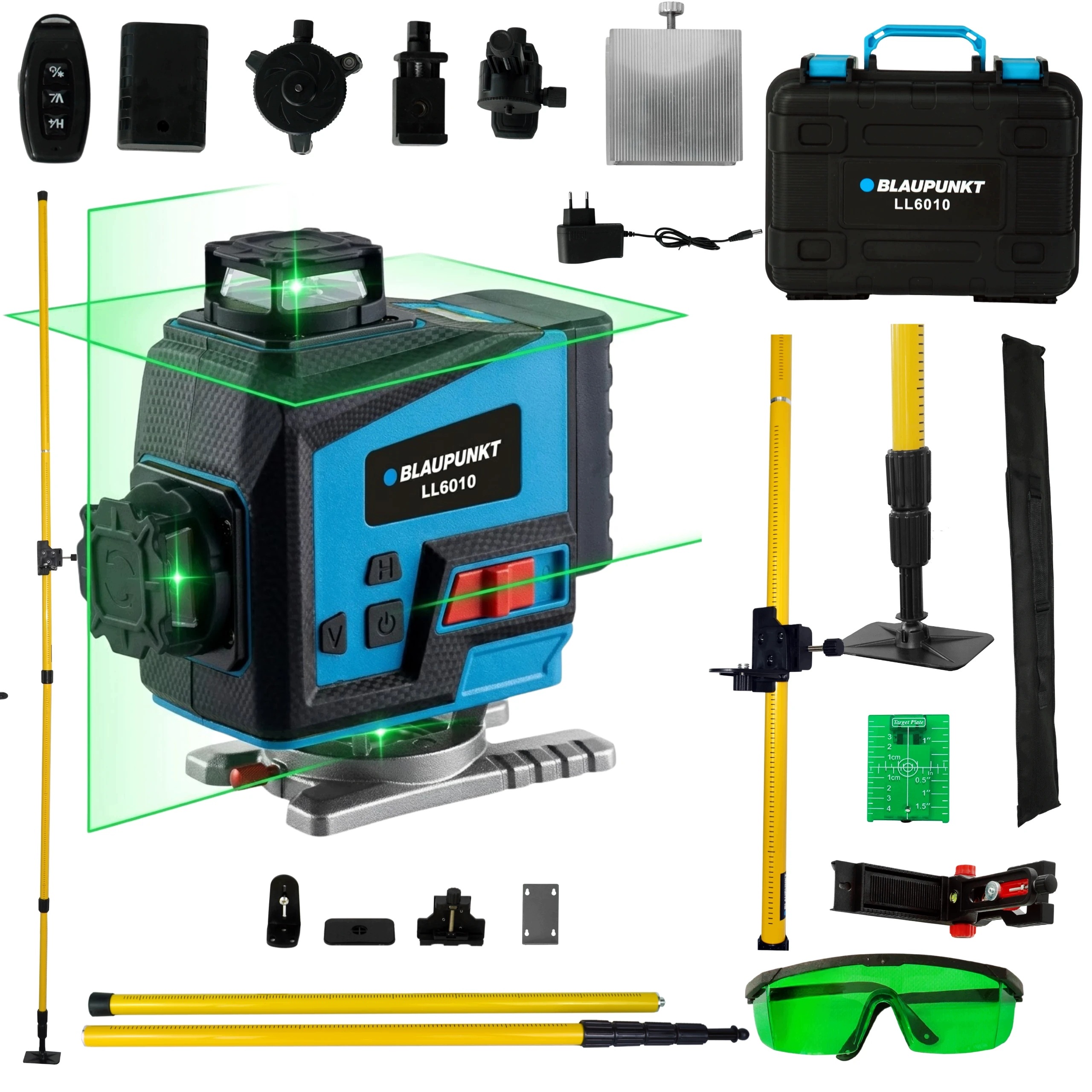 Poziomica laserowa 4D 16 linii zielony laser tyczka rozporowa 4m Zestaw