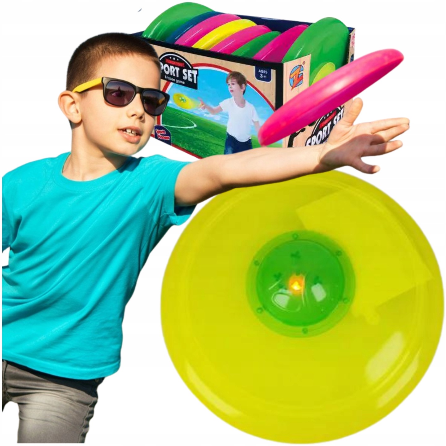 Dysk Latający FRISBEE ŚWIECĄCY dla dzieci zabawa DŁUGI LOT dioda LED Wysokość produktu 26.5 cm