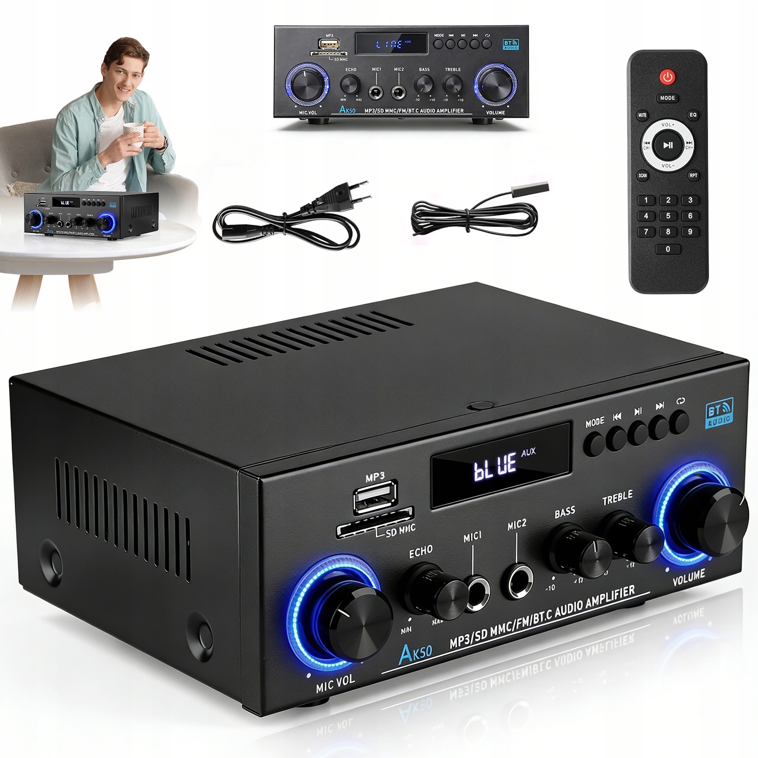 Bluetooth Audio Zesilovač Rádio 50W 50W Stereo Receiver Výkonný S Dálkovým Ovládáním