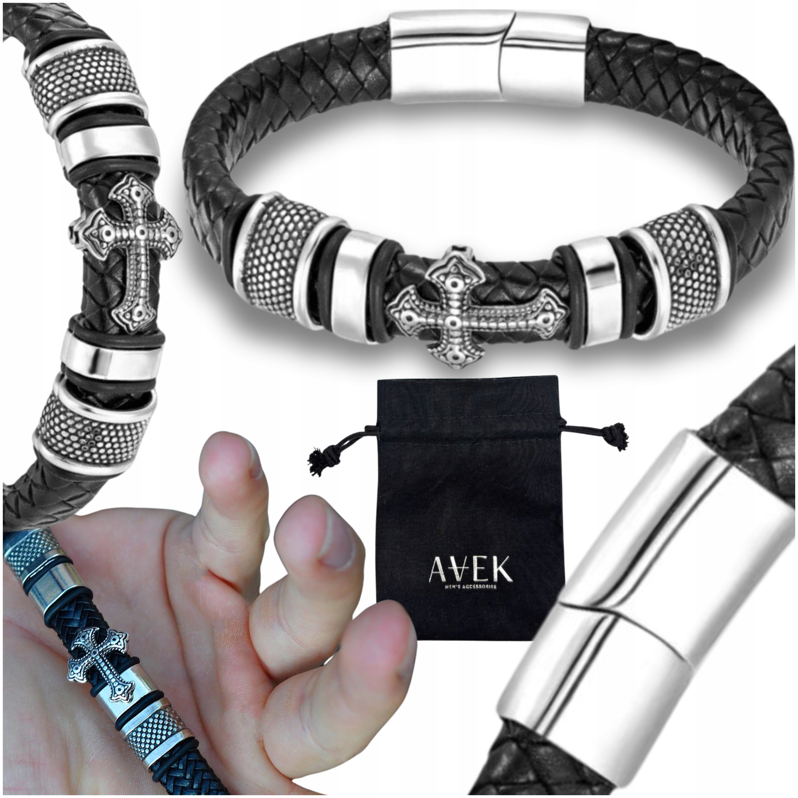 Pánský Náramek Krzyz Pletený Kožený Černá Ocel Jako Dárek 21 CM