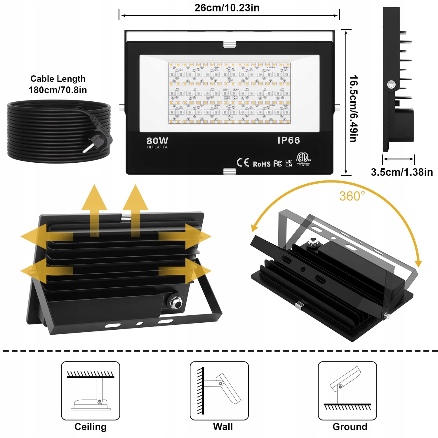 TAPTORON Reflektor LED RGB 80W Bluetooth Sterowanie IP66 Ogród Dom Party — miniatura 7