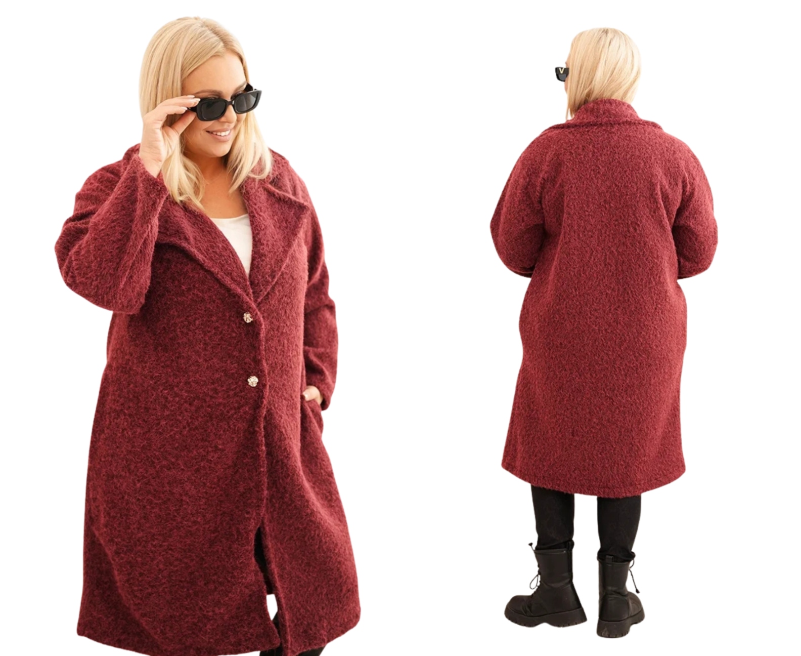 Dámský kabát Plus Size s vlnou a velkým límcem, bordó barva